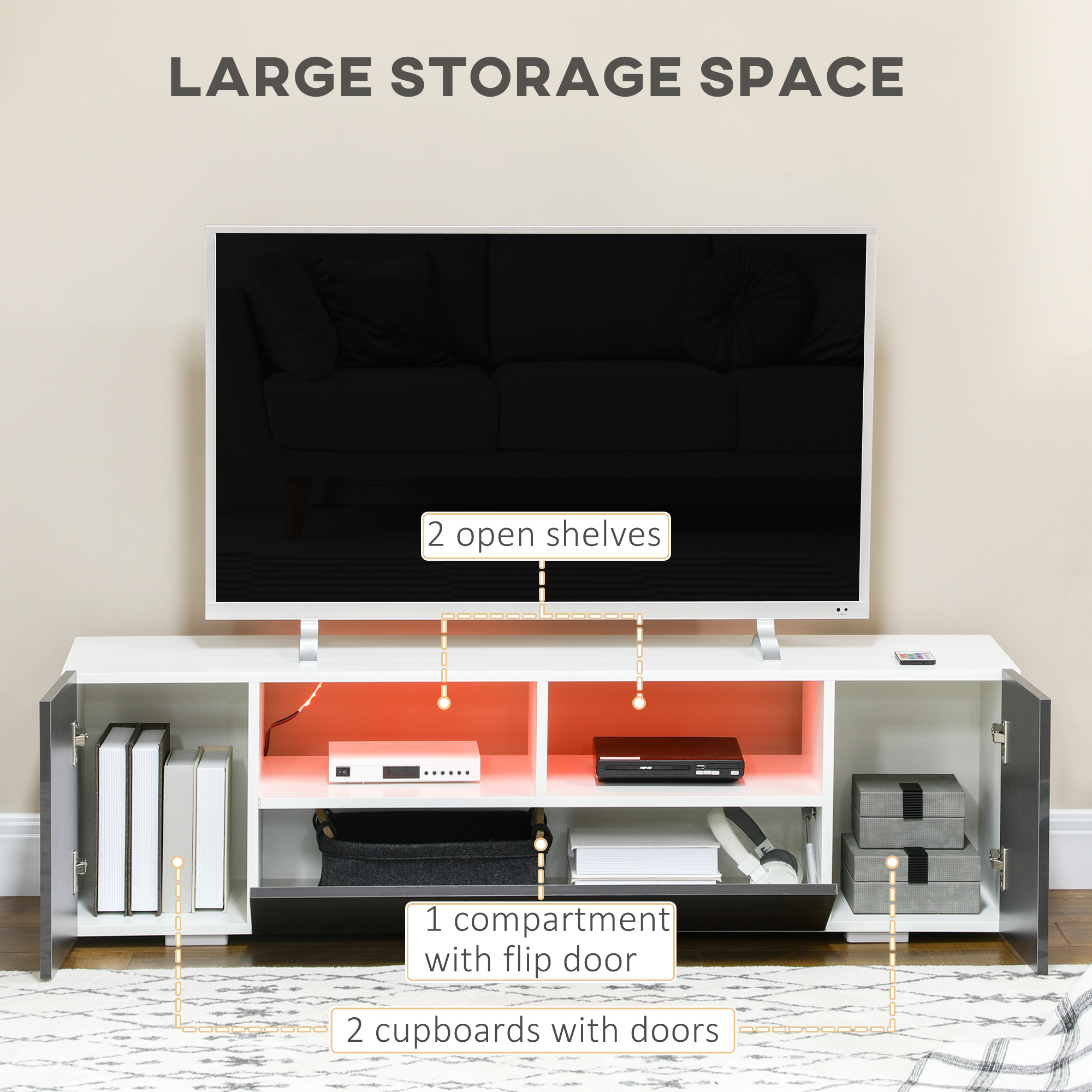 HOMCOM 16 LED Light TV Stand, with Storage High Gloss Grey 6