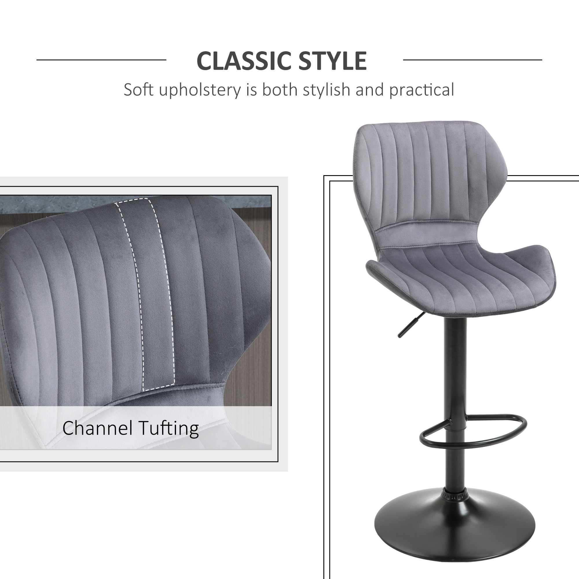 HOMCOM Bar Stool Set of 2 Velvet-Touch Fabric Adjustable Height Swivel Counter Chairs with Footrest, Grey 6