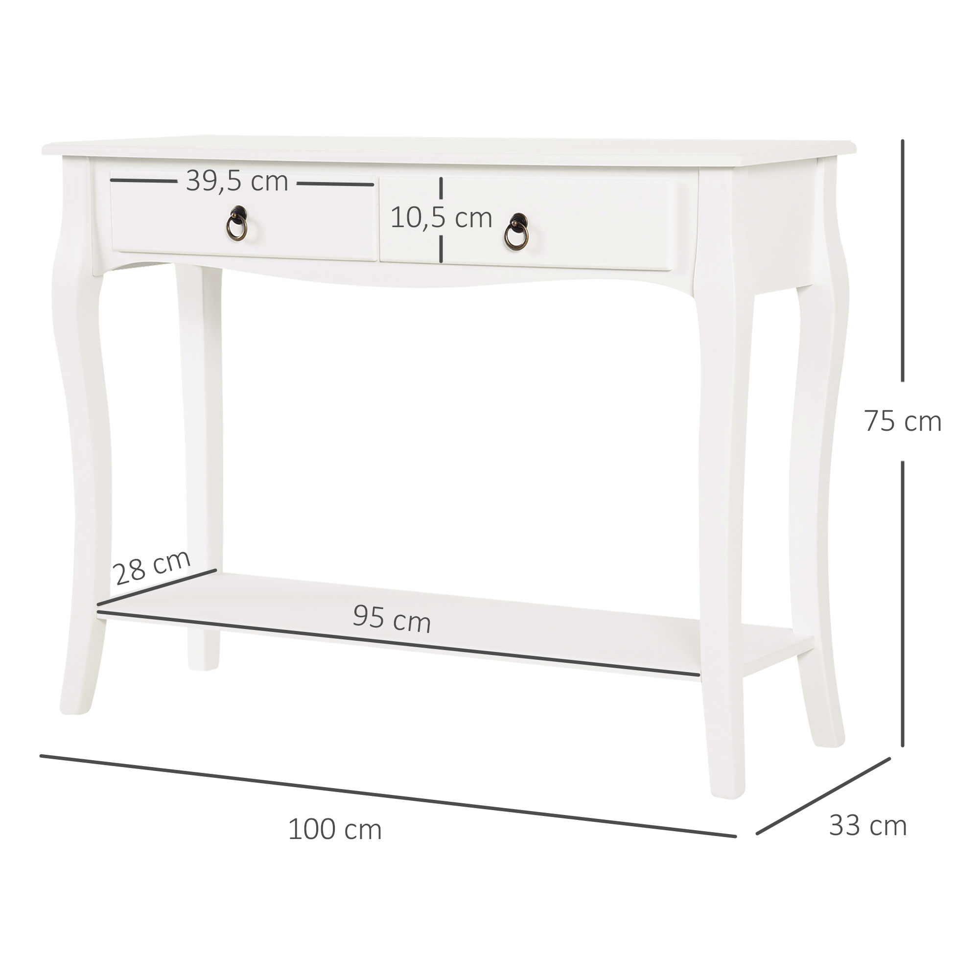 HOMCOM Table de console table d'entrée style table de drapier néo-rétro 2 tiroirs 2 étagères dim. 100L x 30.5l x 80H cm en bois Blanc | Leroy Merlin