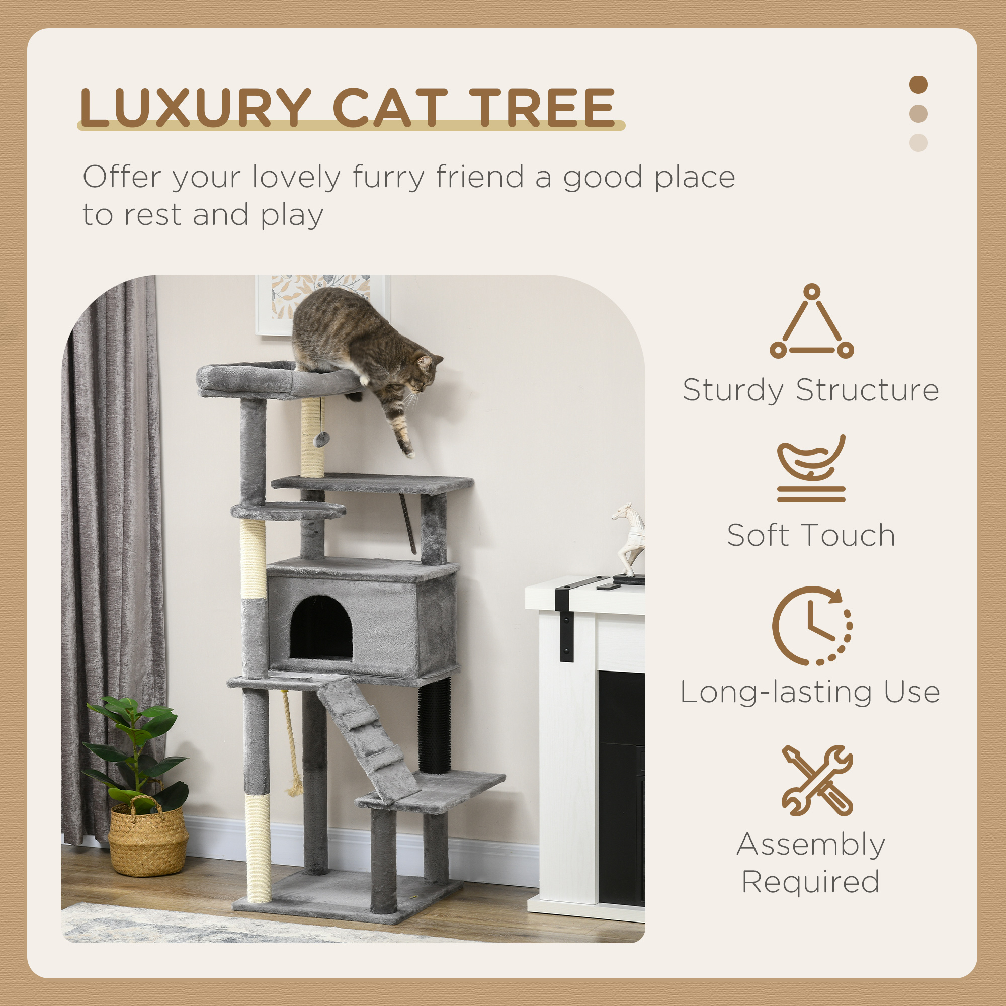 PawHut Cat Tree Tower for Indoor Cats, with Scratching Post, Cat House, Toy, Grey 4