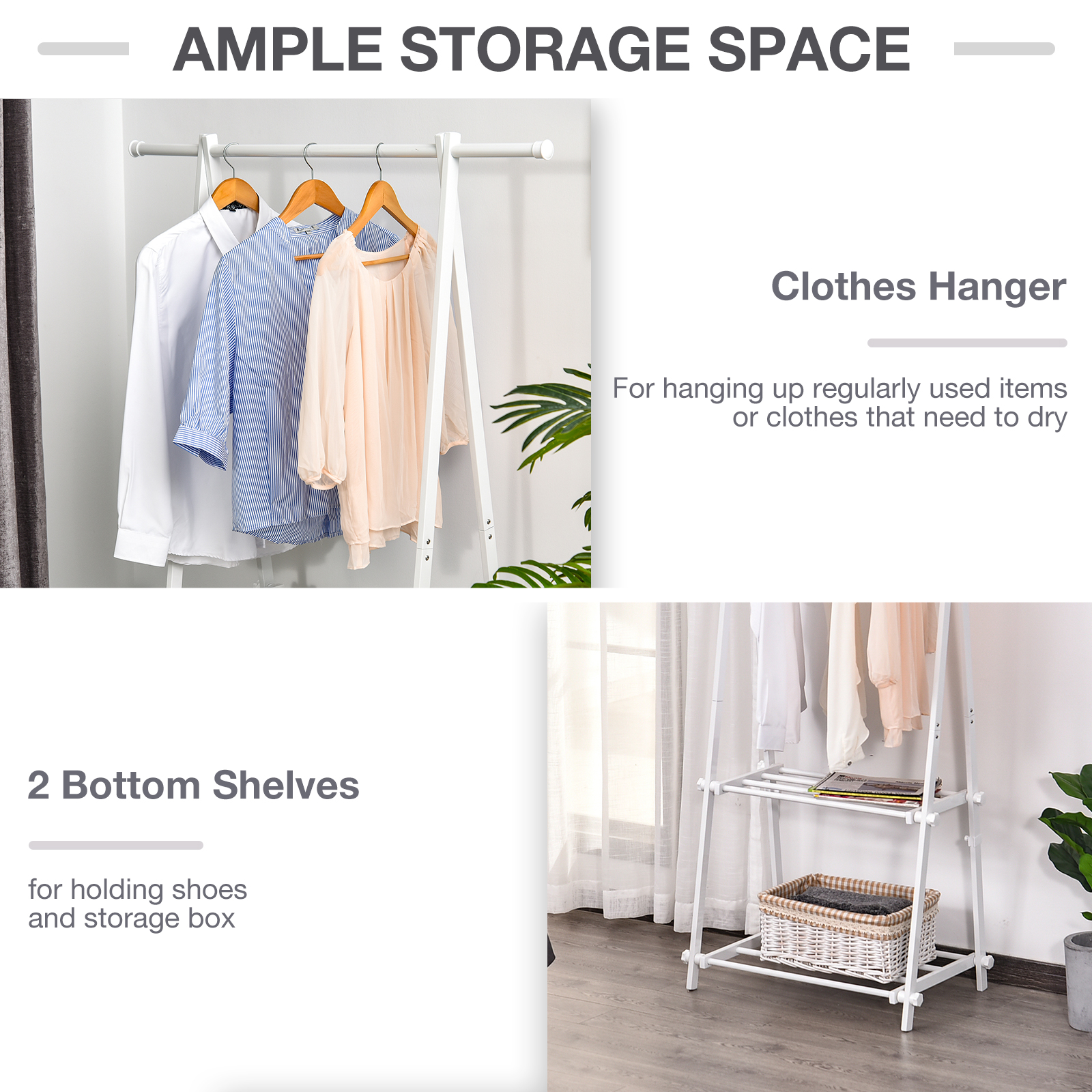 HOMCOM Minimalist Foldable Adjustable Clothes Rack Hanger w/ 2 shelves 107.5L x 45W x 150H cm Hallway Entryway Furniture White 6