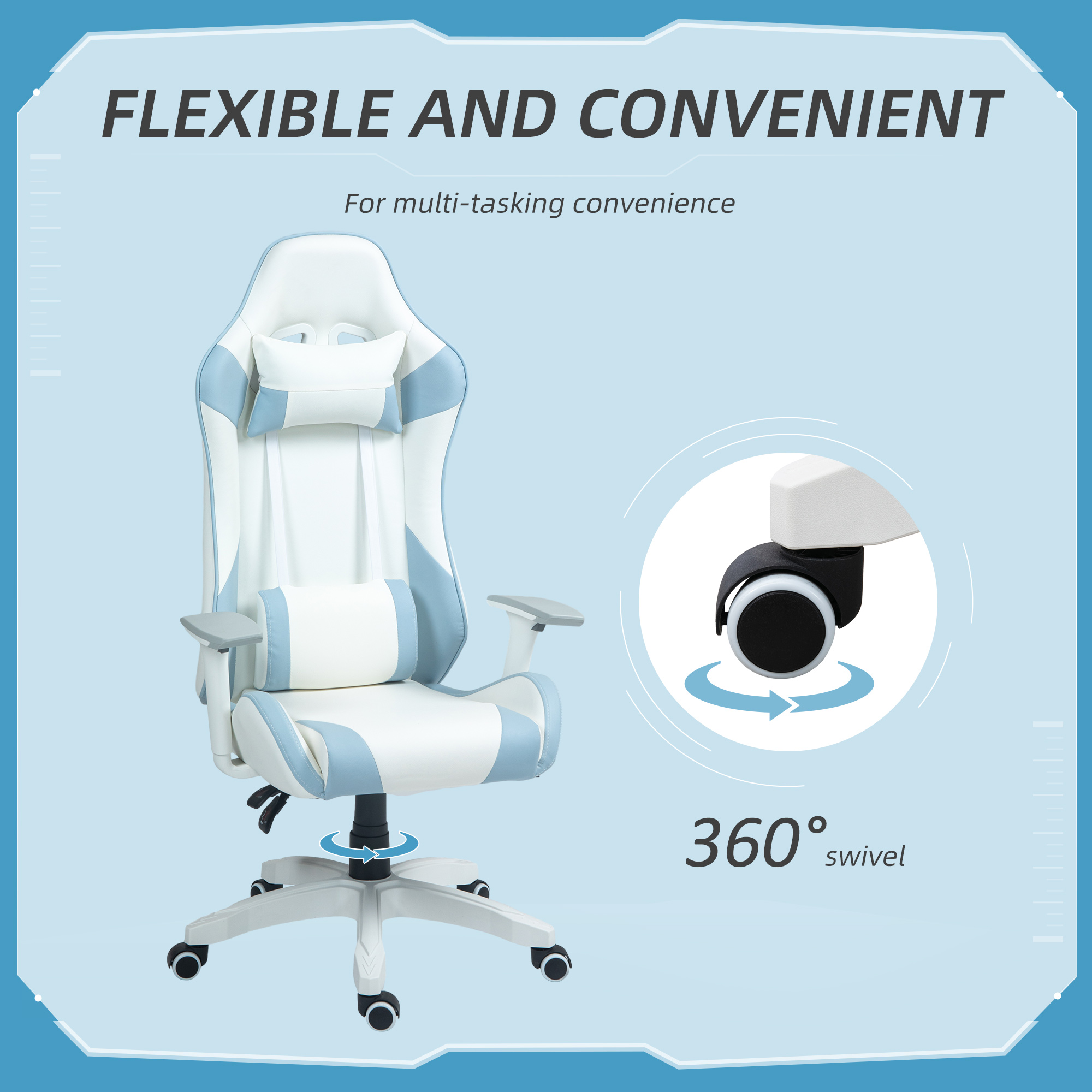 HOMCOM Faux Leather Colour Block Gaming Chair, with 135° Reclining Back Blue/White 7