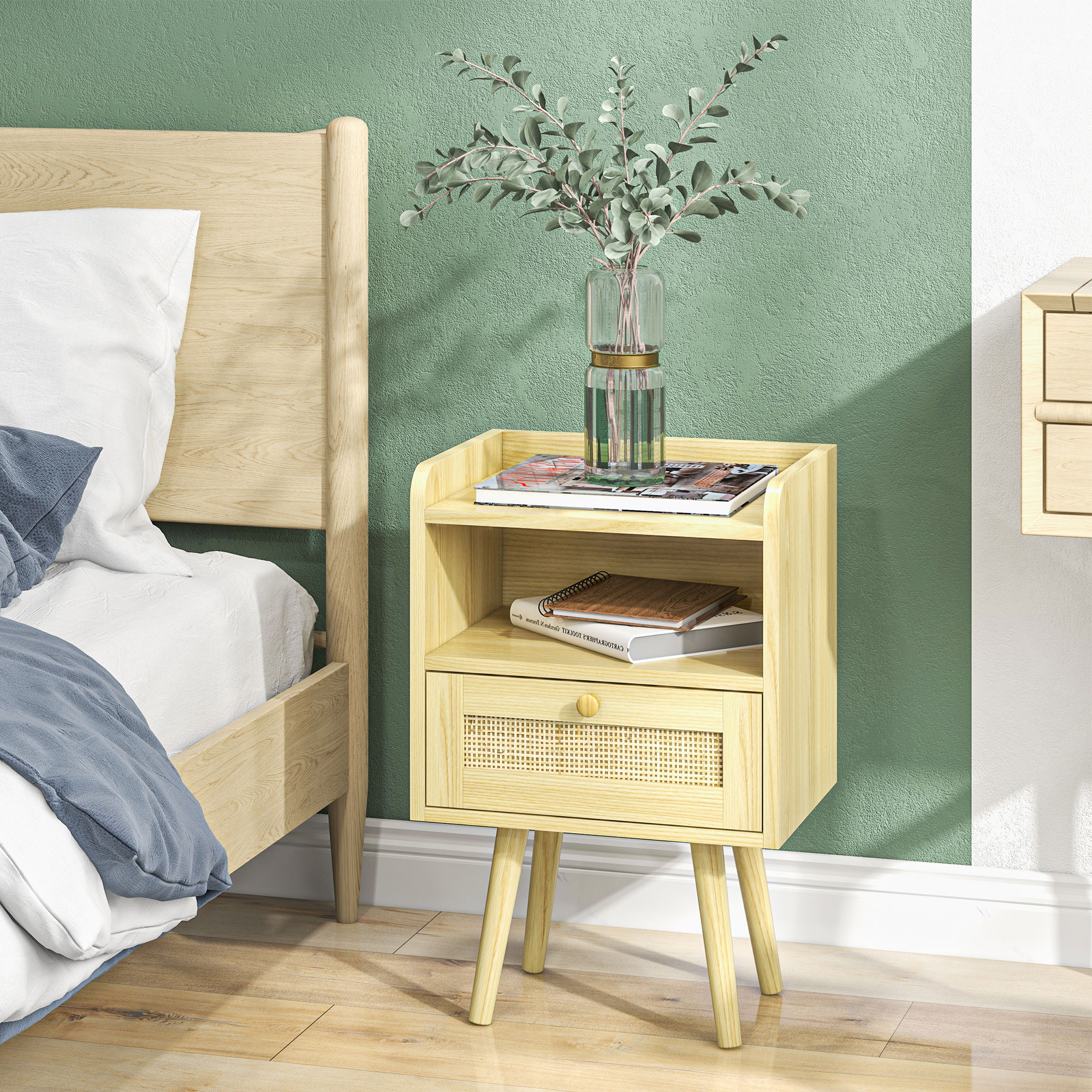 HOMCOM Set of Two Rattan Weave Bedside Tables Wood Effect 9