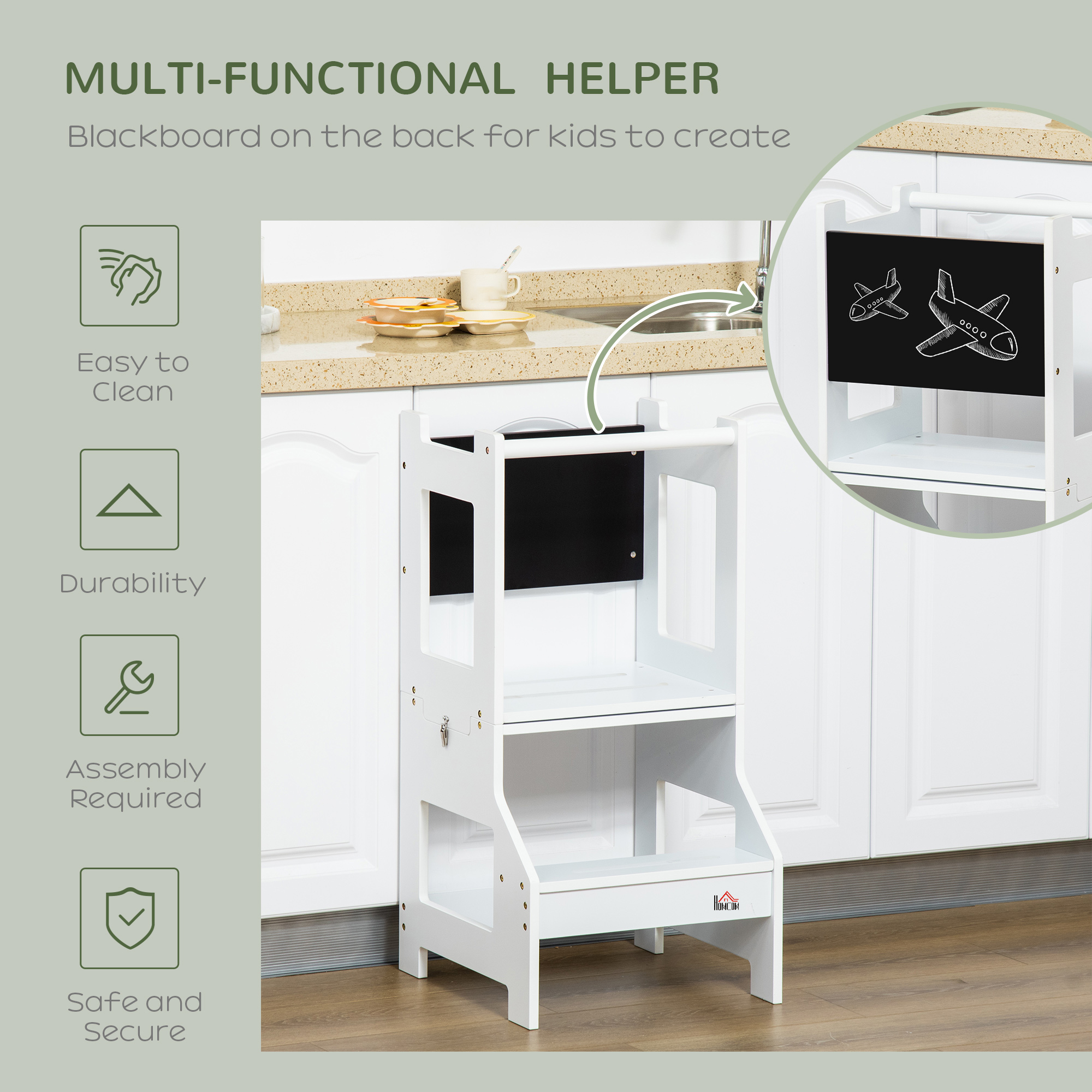 HOMCOM 2 in 1 Kids Kitchen Step Stool with Safety Rail Toddler Steps with Chalkboard for Kitchen Bathroom, White 6