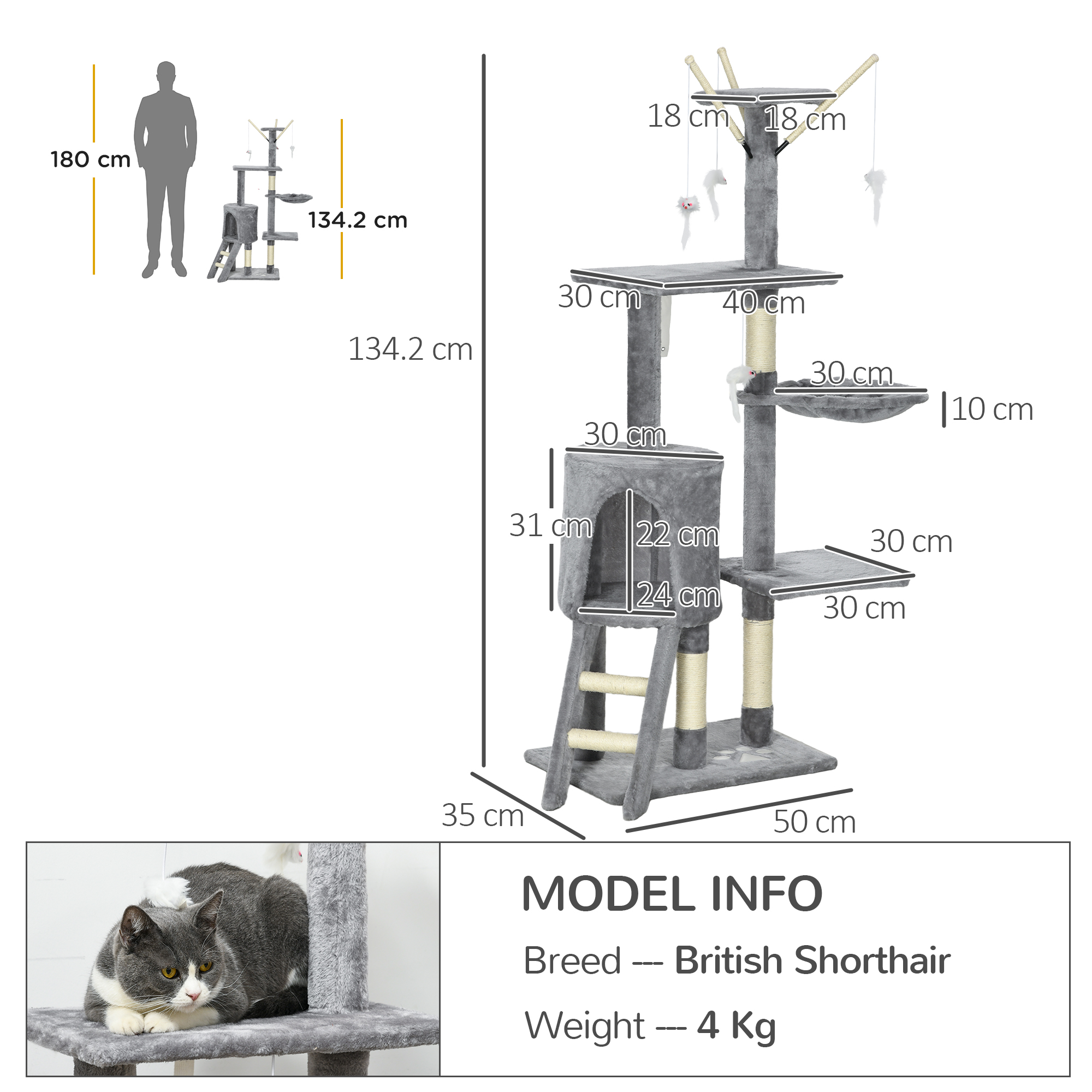 PawHut Cat Scratching Post Cat Tree for Indoor Cats Climbing Tower Scratcher w/ Ladder Kitty Activity Centre 135cm Grey 3