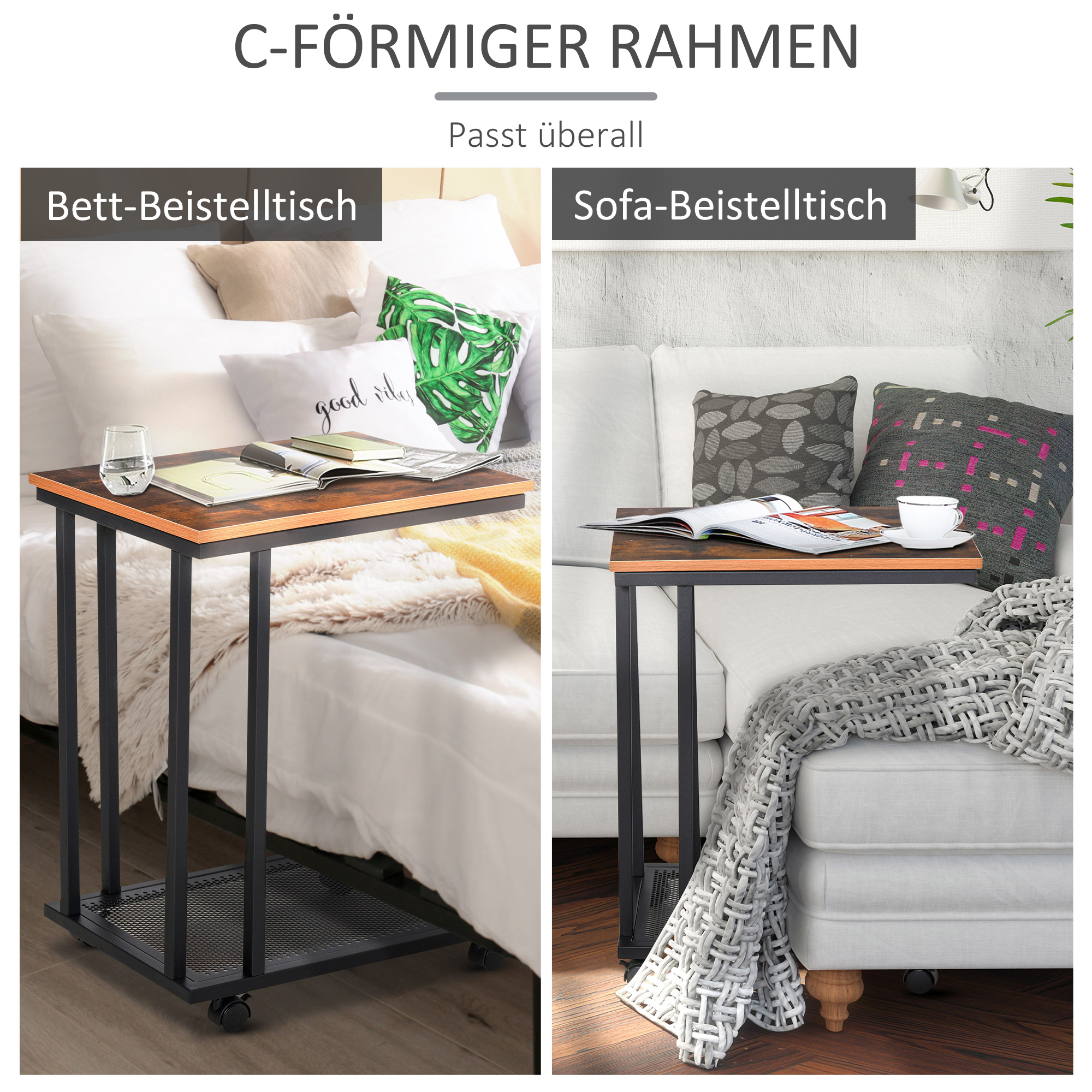 C-kujuline abilaud, ratastel käru, serveerimiskäru, sülearvutilaud, diivanilaud, abilaud, öökapp, metallraamiga voodilaud, tööstusdisain, öökapp, must + pähklipuu imitatsioon, 51 x 3