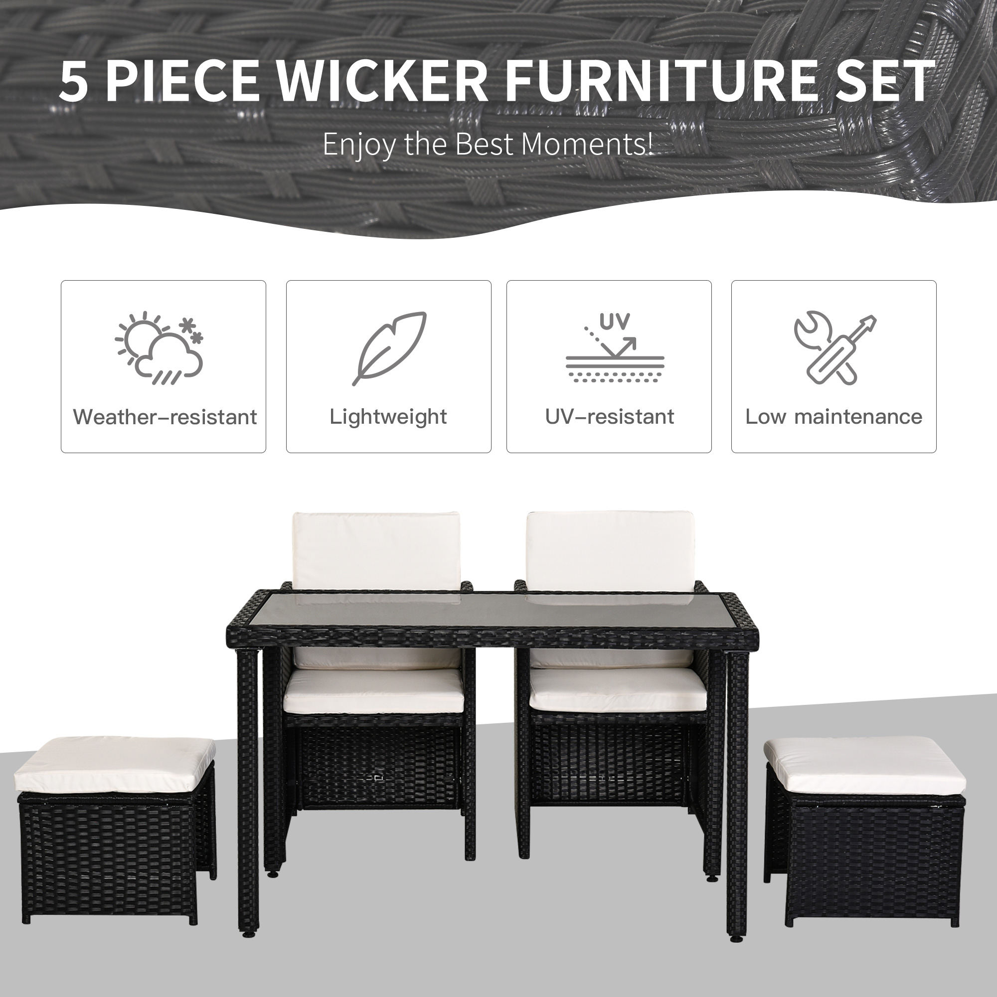 Outsunny 2 Seater Rattan Cube Garden Furniture Set, Rattan Dining Set with Cushions, Outdoor Dining Table and Chairs with 2 Armchairs, 2 Stools, Rectangular Glass Top Table for Patio, Balcony, Black 4