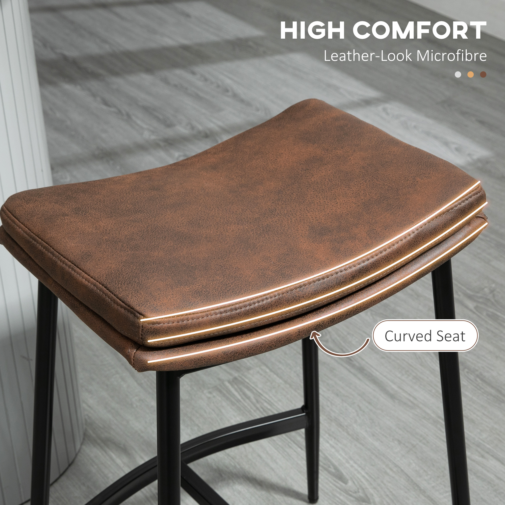 HOMCOM Breakfast Bar Stools Set of 2, Microfibre Upholstered Barstools, Industrial Bar Chairs with Curved Seat and Steel Frame for Dining Room, Kitchen, Brown 5