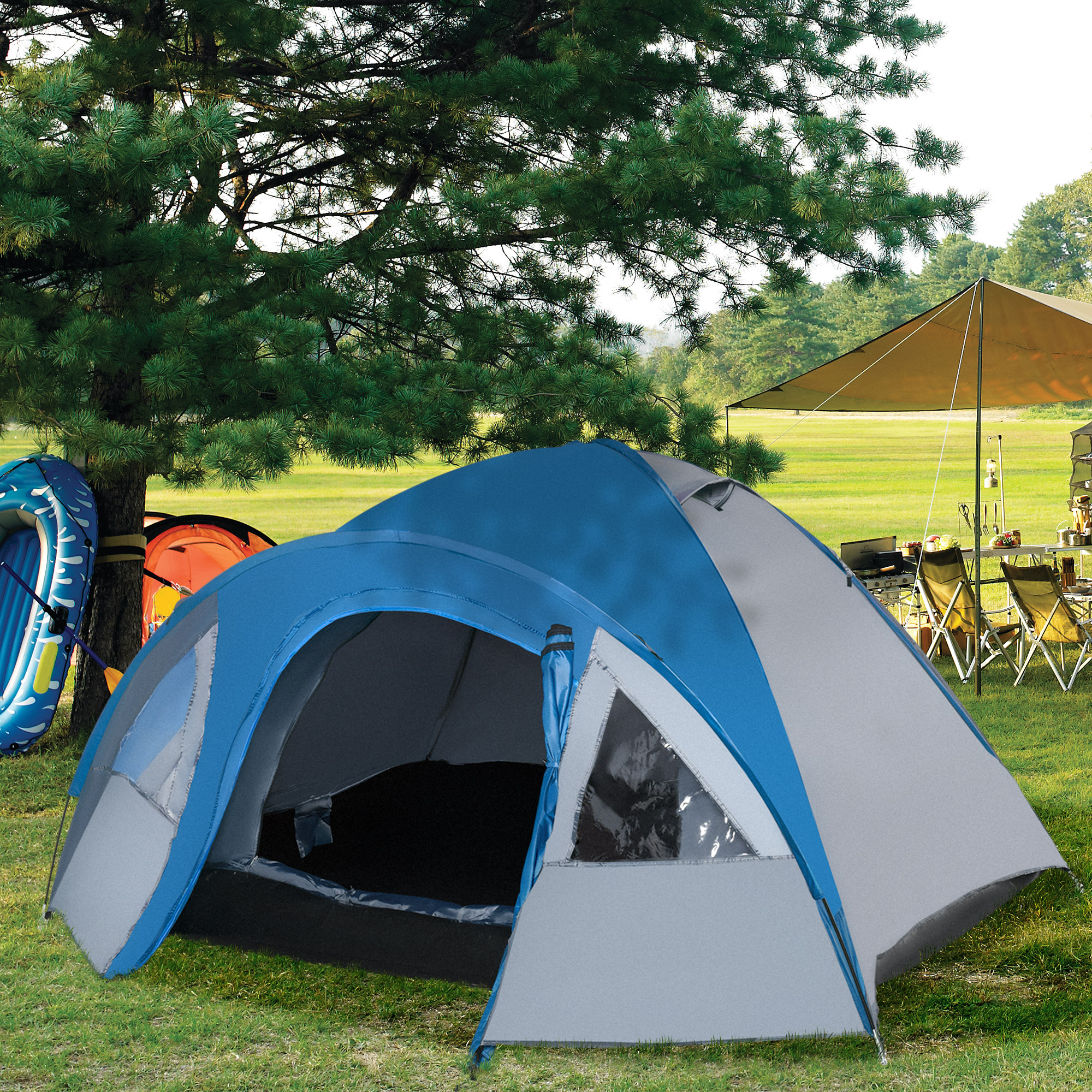 Outsunny Doppelwandzelt  Kuppelzelt Outdoor Iglu für 4 Personen, 4 Jahreszeiten, wasserdicht, mit Moskitonetz, Tragetasche  Aosom