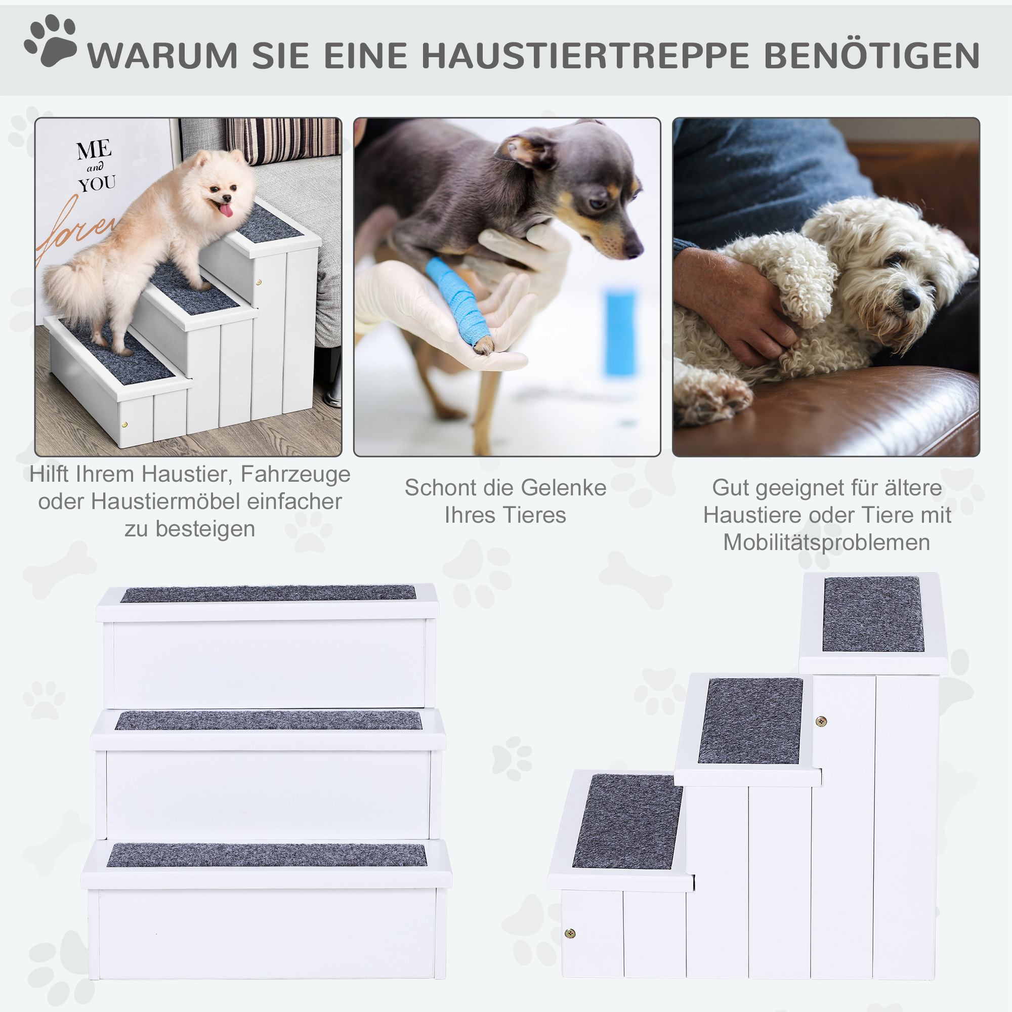 Koeratrepp, 3 astet, kassitrepp, lemmikloomatrepp, koeratrepp koertele ja kassidele, lemmikloomatrepp, abivahend sisenemiseks vaibaga, hoiuruum diivanile/voodile, kuusepuit, valge, 40,5 x 44,5 x 38 cm
