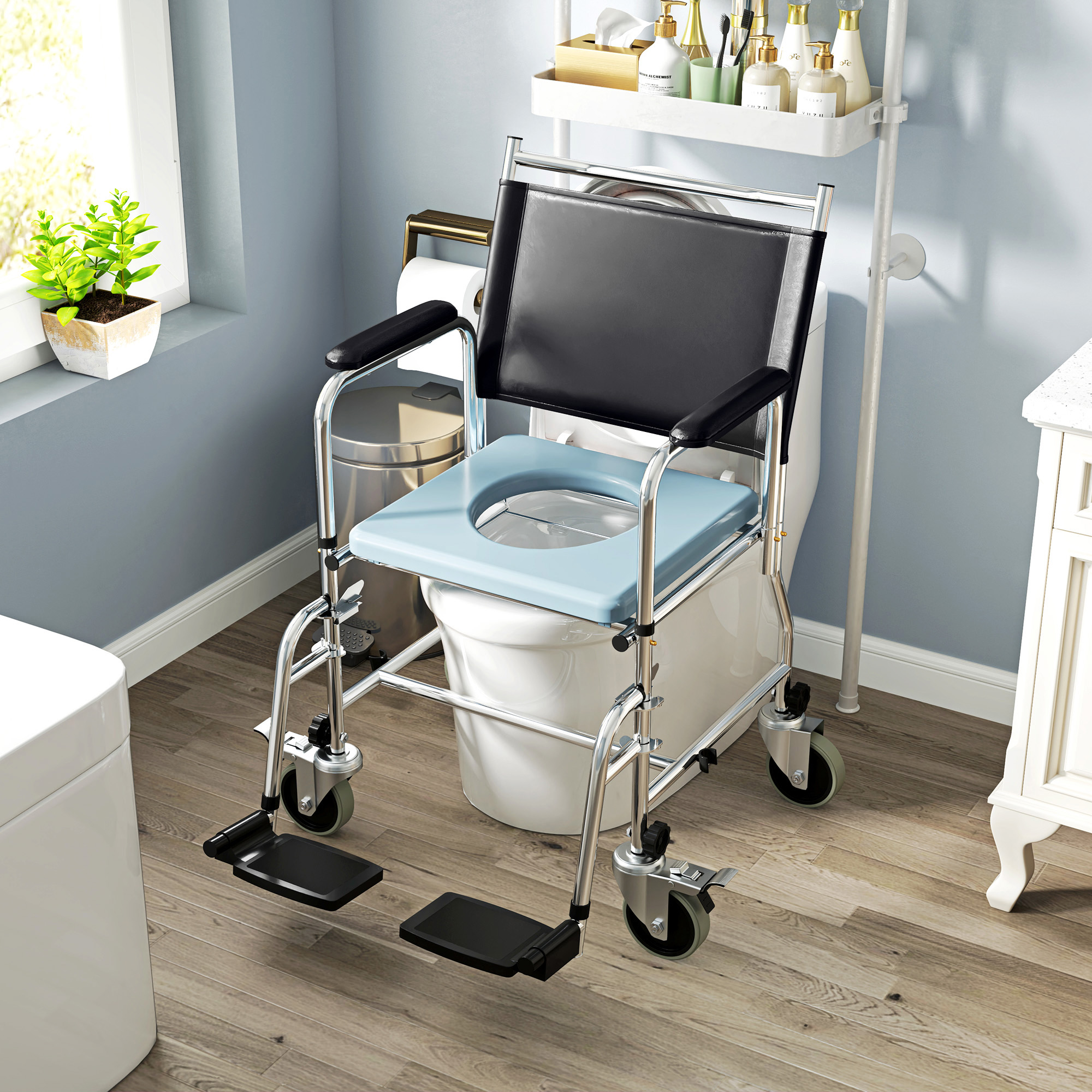 HOMCOM 3-In-1 Commode Wheelchair Black 8