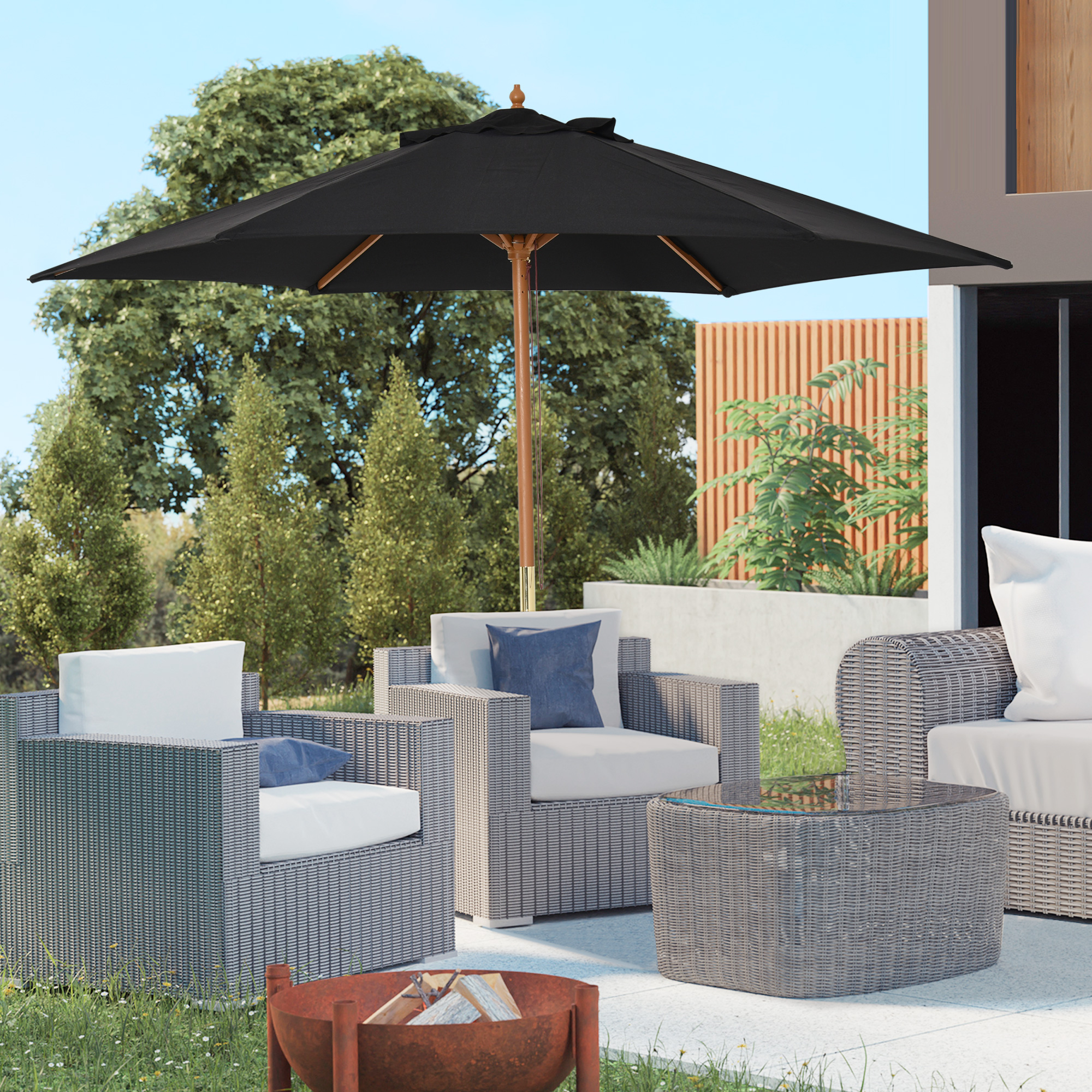 Outsunny Wooden Garden Umbrella Sun Shade with Top Vents, Bamboo Ribs and Sturdy Wood Pole, Black 2