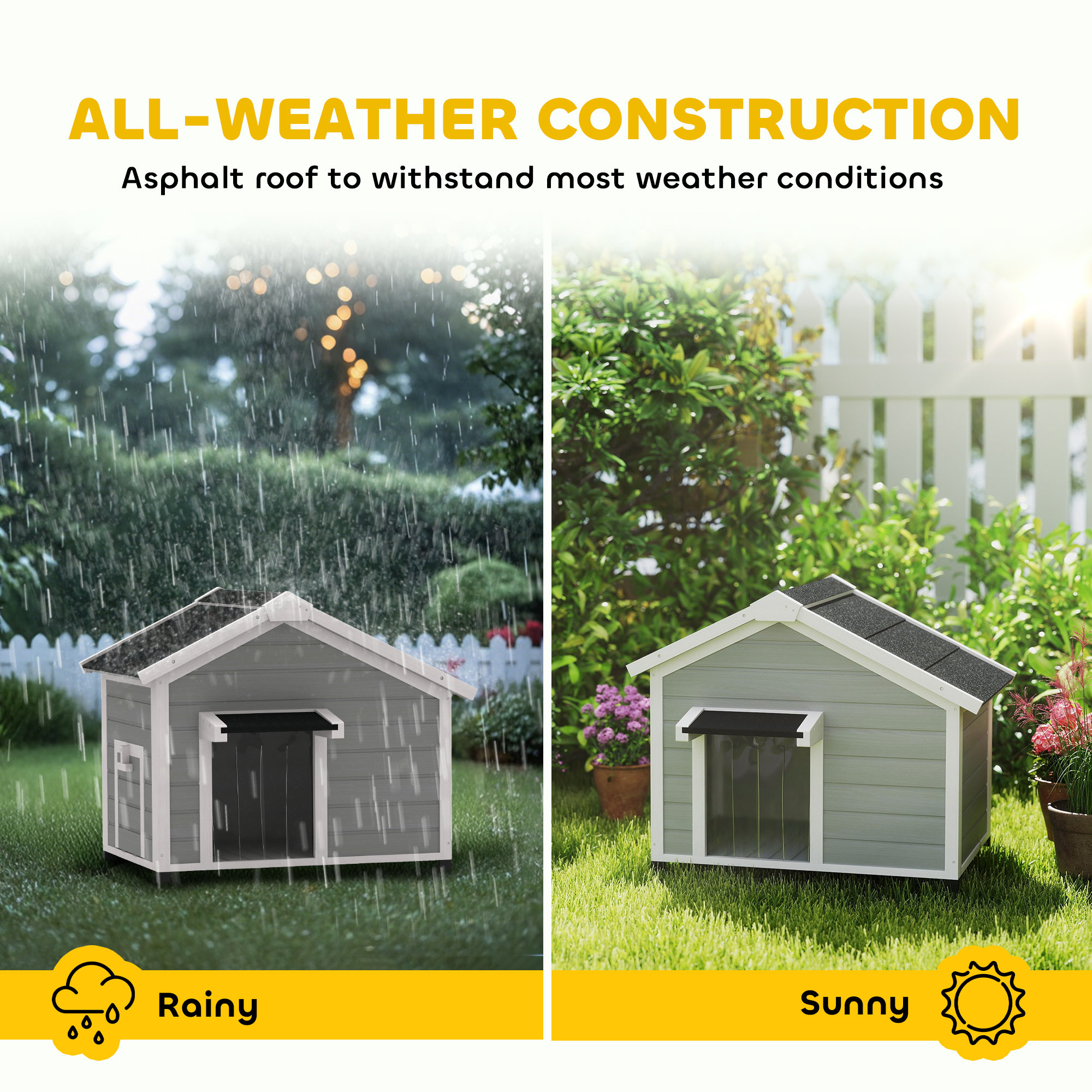 PawHut Wooden Dog House Outdoor with Openable Roof, Removable Floor, Curtain, Elevated Feet, for Medium Dogs, Light Grey 4