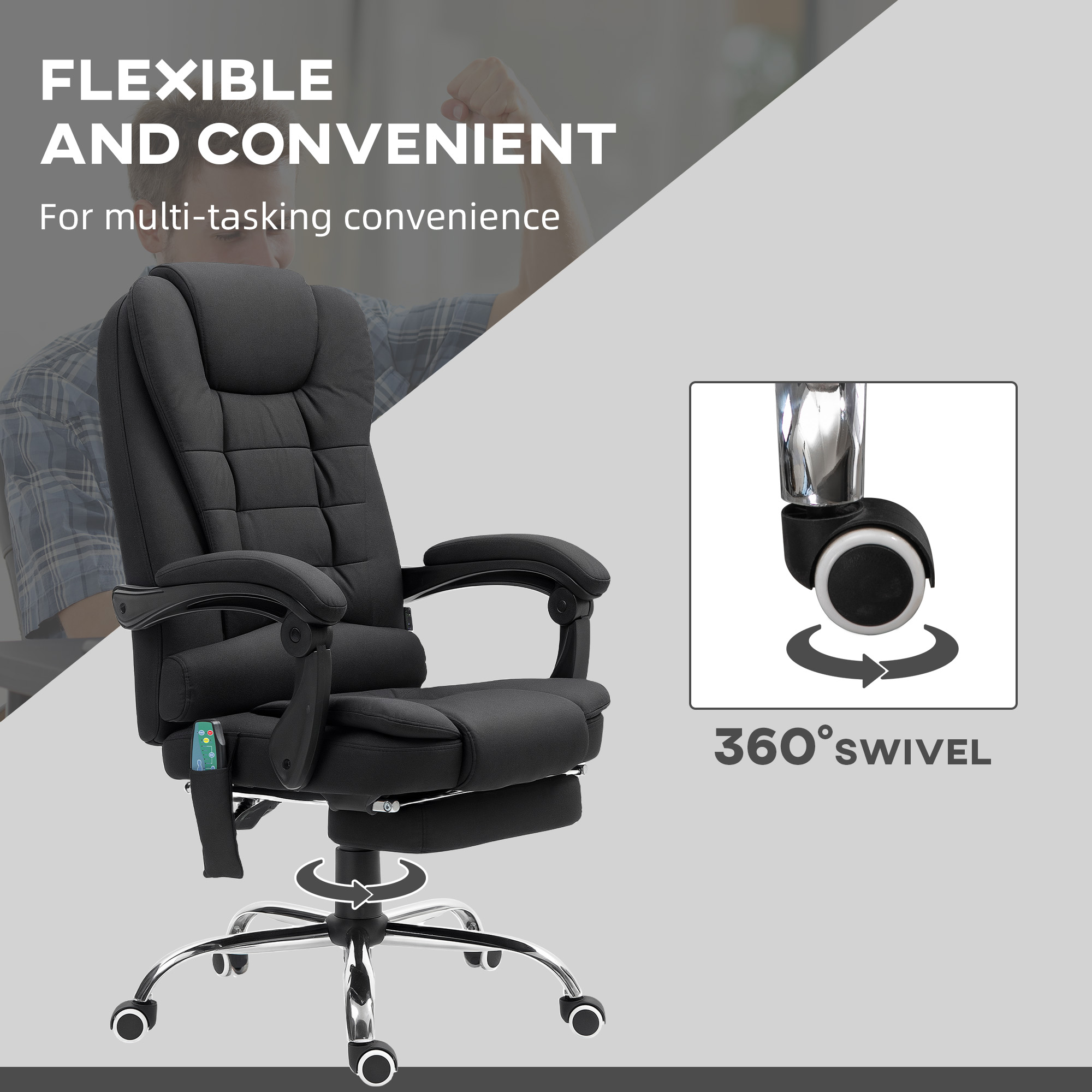 Vinsetto Office Chair with 6 Point Massage and Back Heat, Microfibre Desk Chair with Footrest Adjustable Height and Swivel Wheels, Back Reclining, Full Black 7
