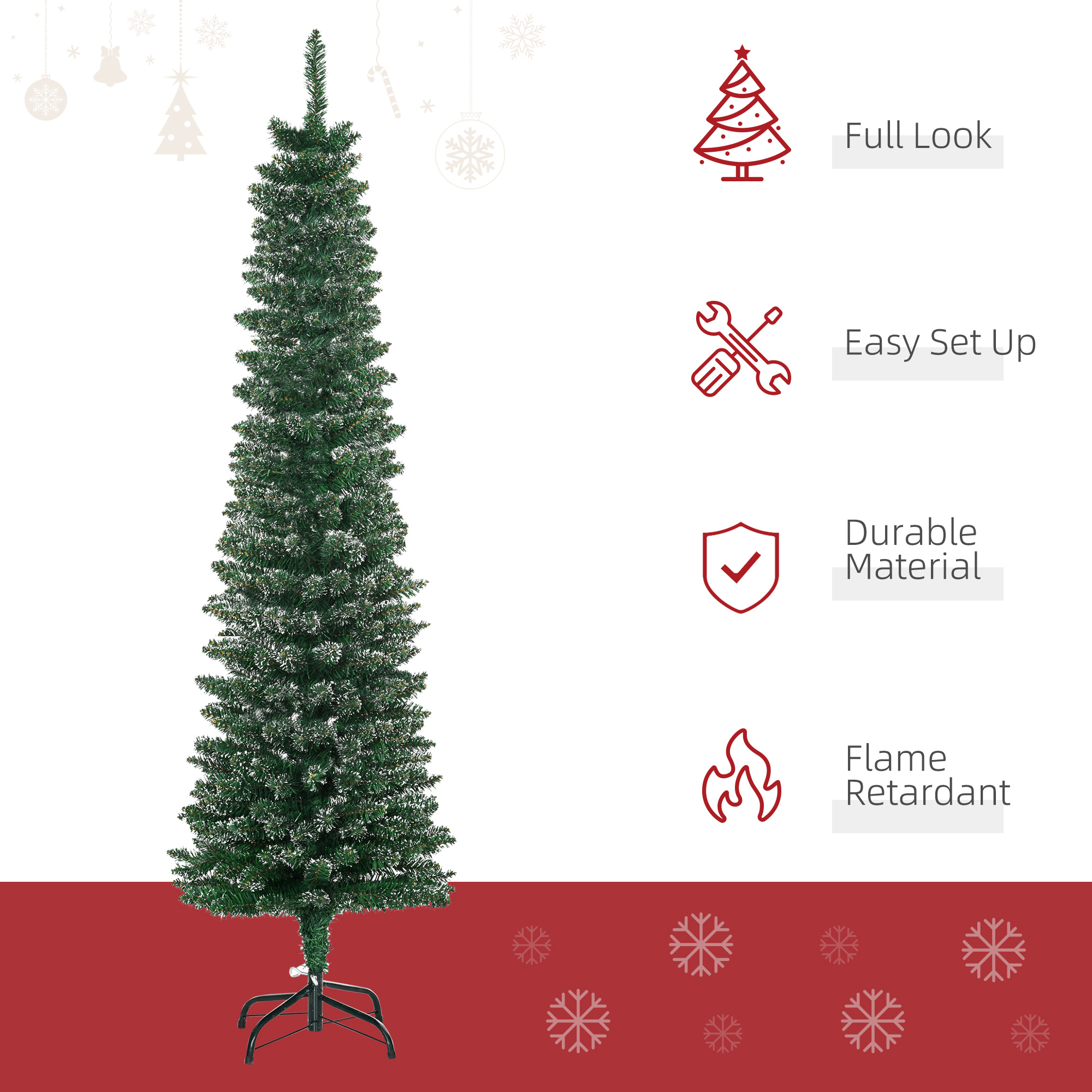 HOMCOM 5.5FT Artificial Snow Dipped Christmas Tree Xmas Pencil Tree Holiday Home Indoor Decoration with Foldable Black Stand, Green 4
