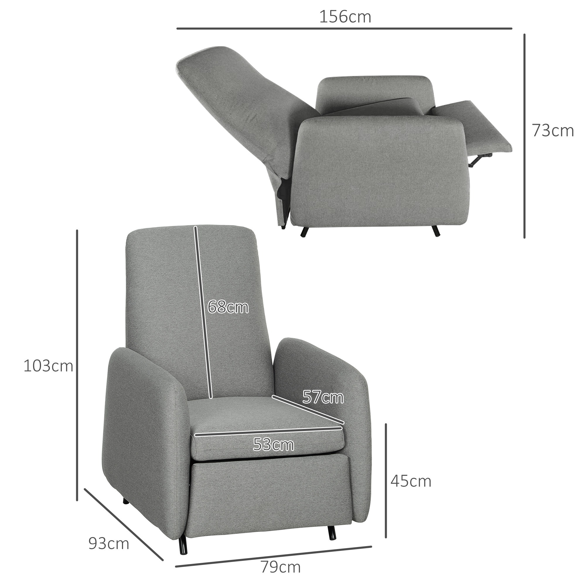HOMCOM Push Back Recliner Armchair, Fabric High Back Reclining Chair with Adjustable Leg Rest and Pocket Spring Seat for Living Room, Bedroom, Home Office, Grey 3