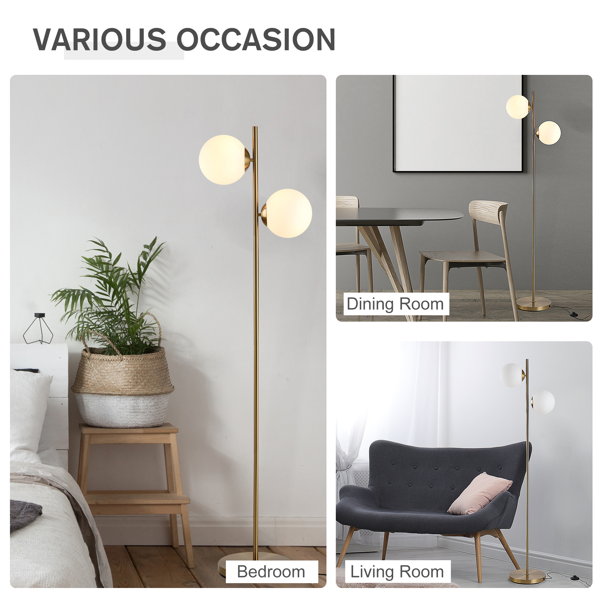 HOMCOM 2 Lights Tree Floor Lamp for Living Room with Globe Lampshade, Standing Lamp for Bedroom, Bulb not Included, Gold Tone 5