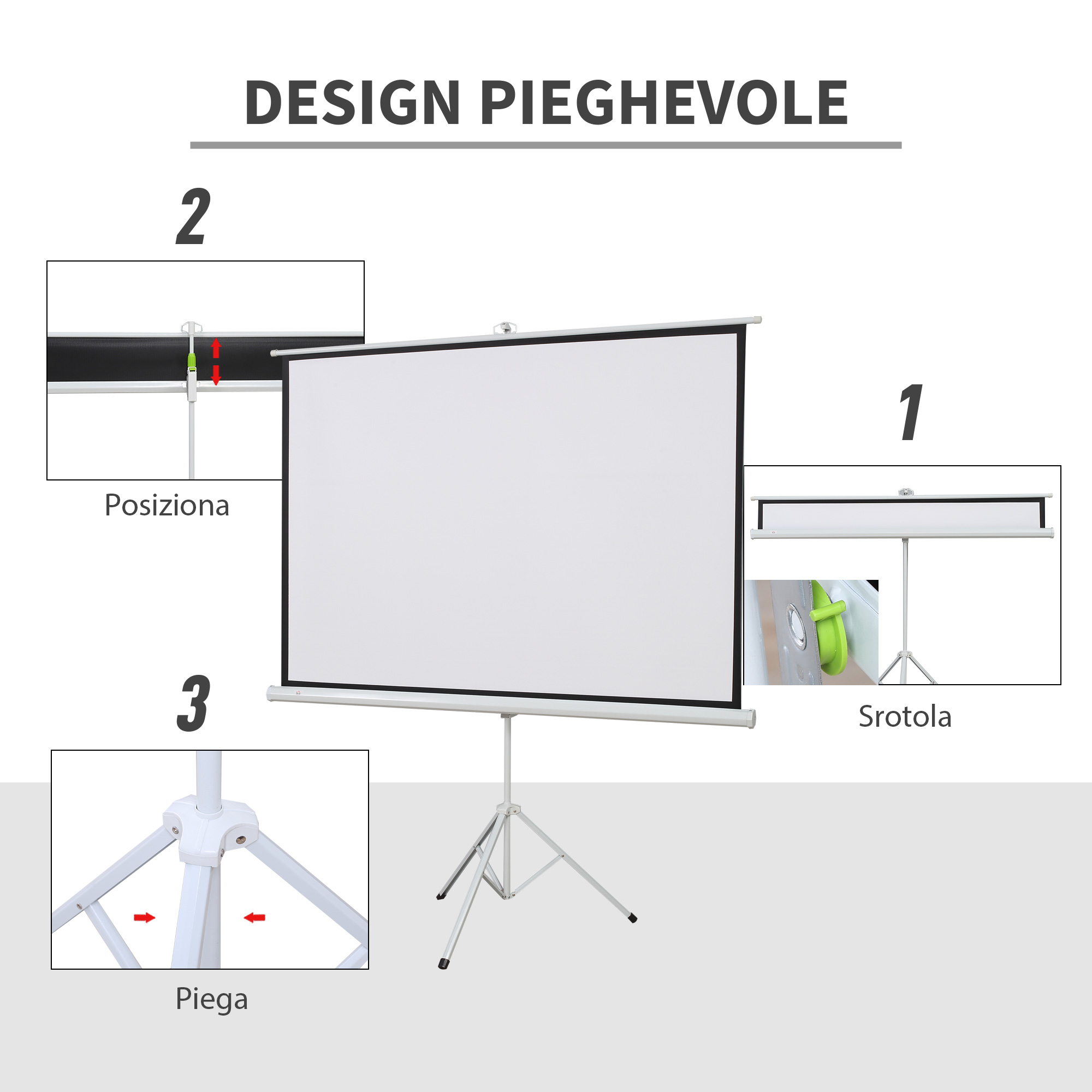 HOMCOM Schermo Proiettore Portatile 84 Pollici 4K HD, Treppiede Regolabile 1.82-2.4 M, Formato 16:9, Per Casa/Esterno