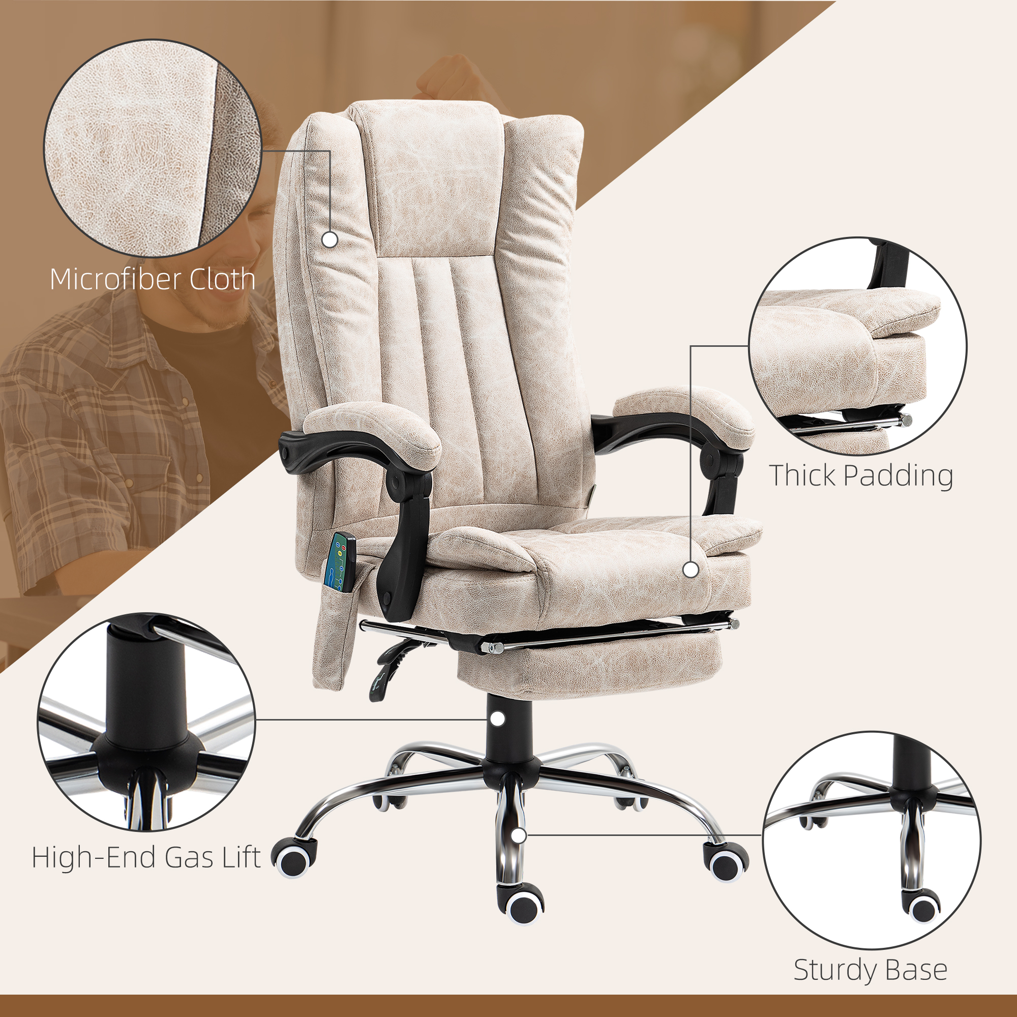 Vinsetto Vibrating Massage Office Chair with Heat, Desk Chair with Height Adjustable and Footrest, Cream White 7