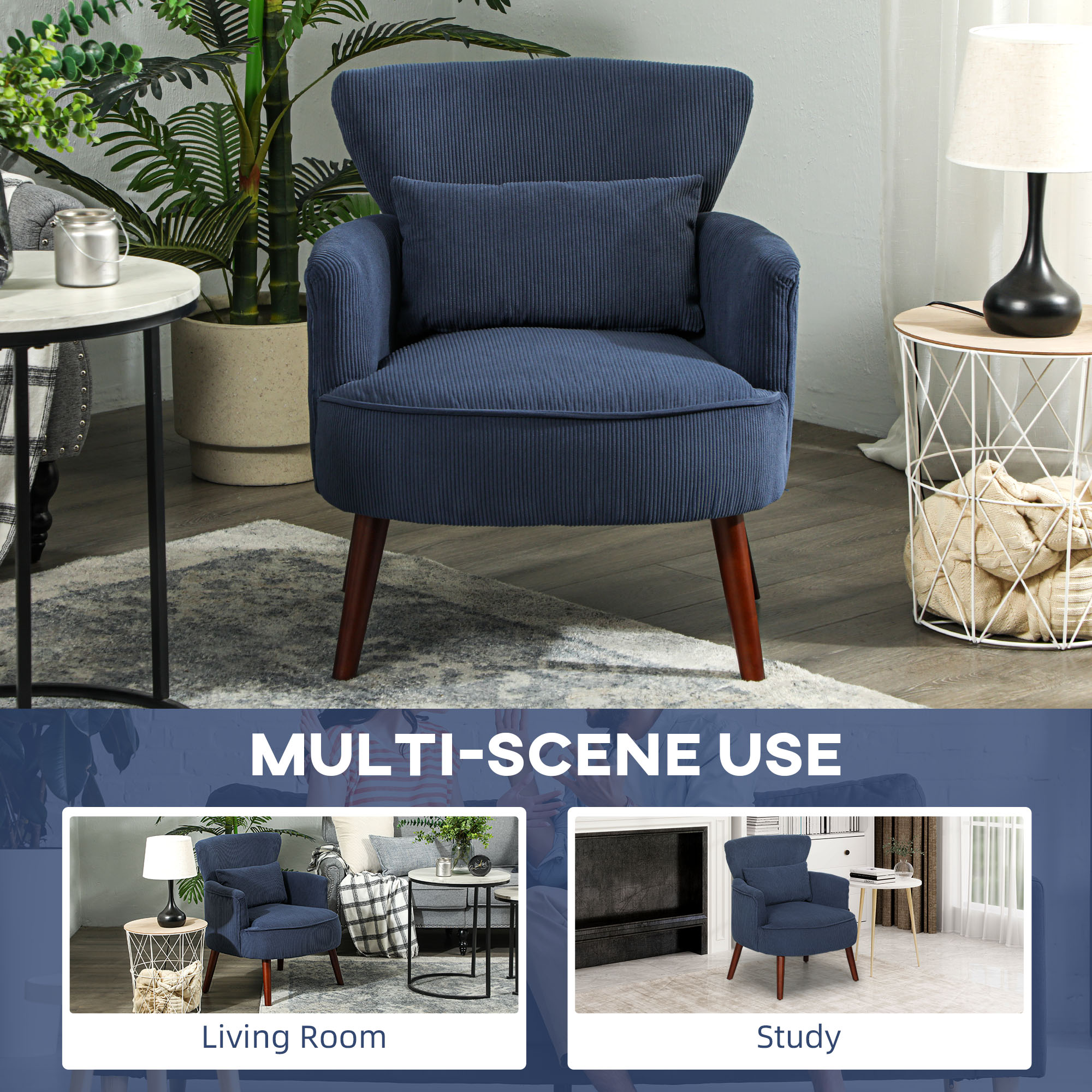 HOMCOM Corduroy Retro Accent Chair Blue 8