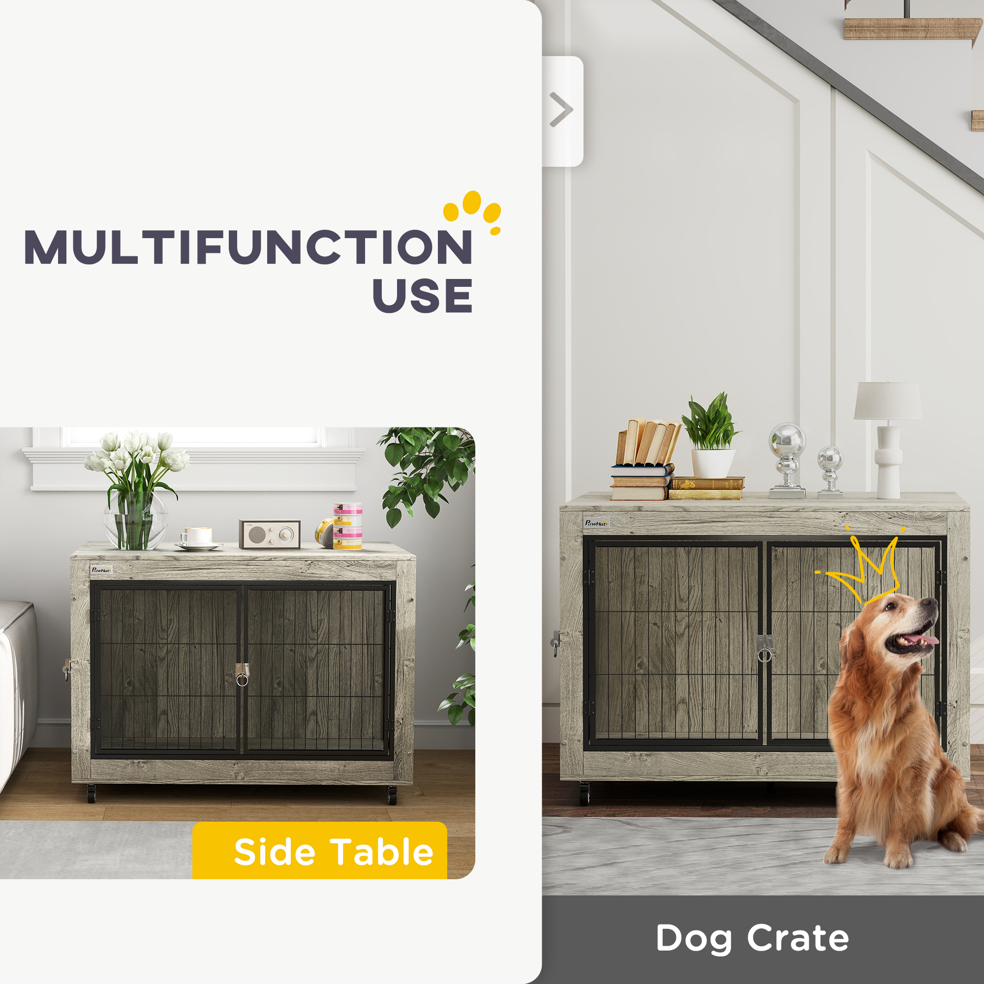 PawHut Dog Crate Furniture with Wheels, Double Doors, for Large Dogs, Grey 4