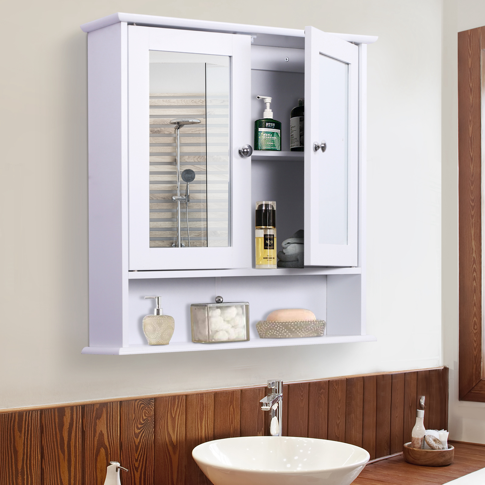 kleankin Wall-mounted Bathroom Cabinet Mirror Door Organiser Storage Shelves Living Room White 2