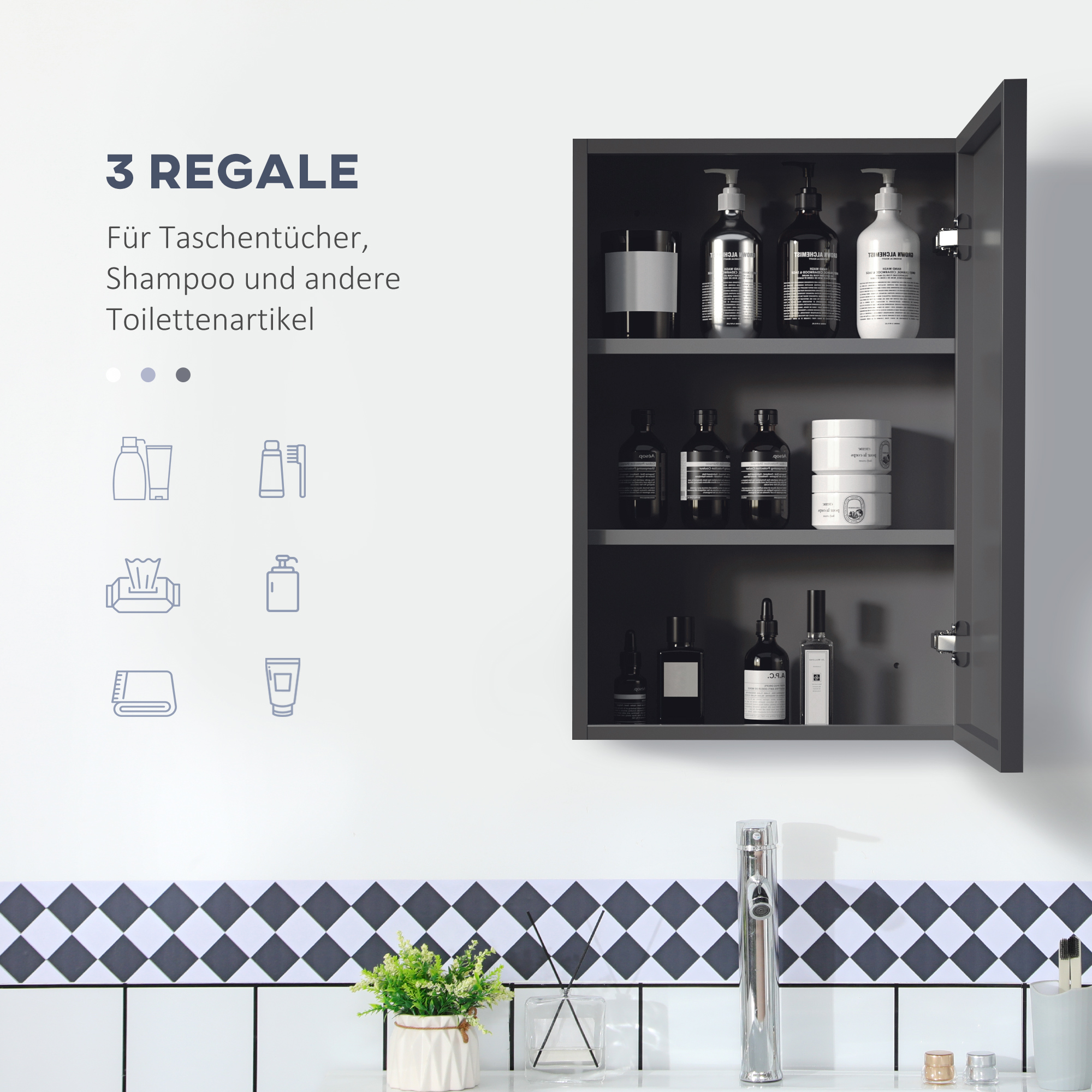 Peegelkapp, 3 riiulit, pehmed hinged, terasest korpus, must, 40 x 15 x 60 cm