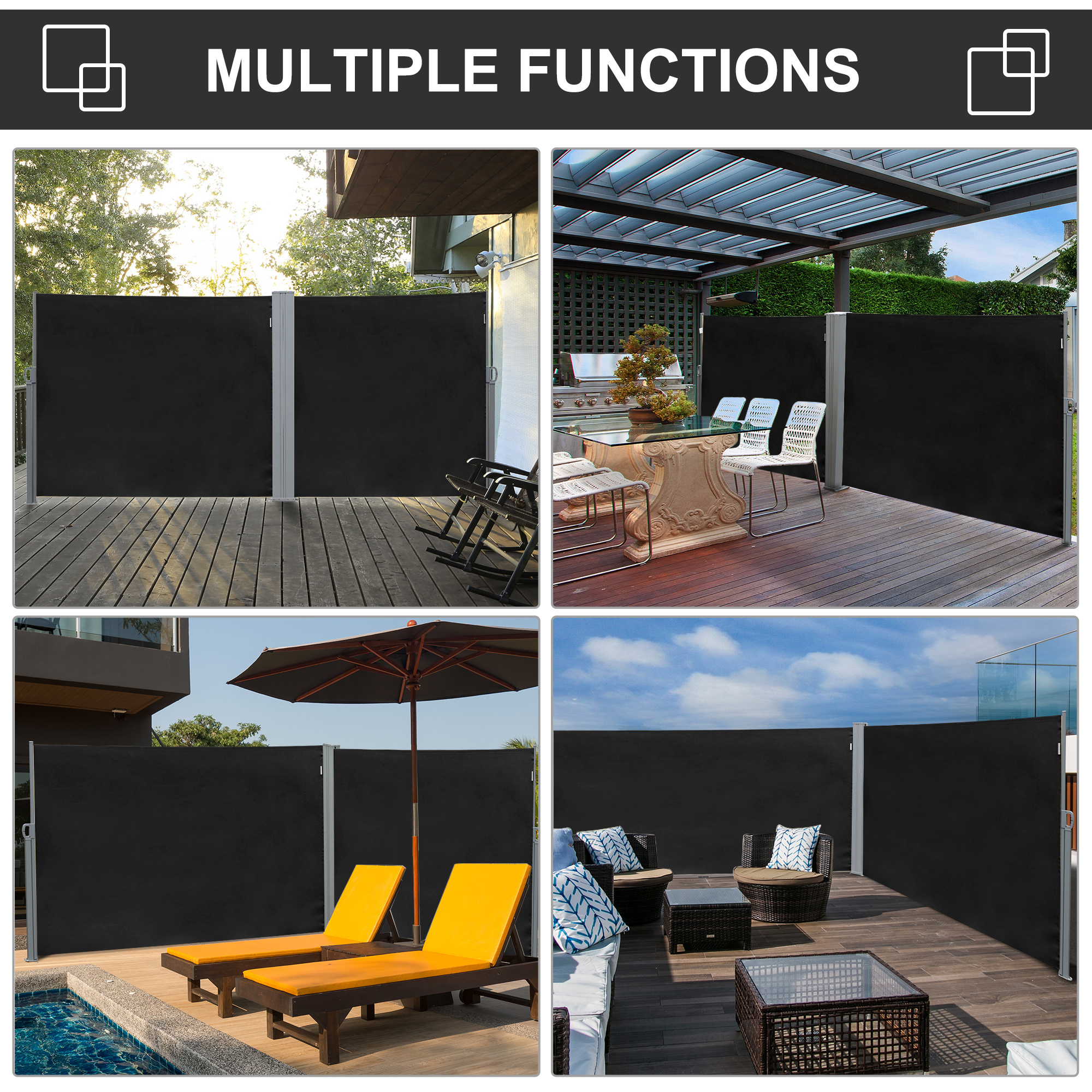 Outsunny Retractable Sun Side Awning Screen Fence Patio Garden Wall Balcony Screening Panel Outdoor Blind Privacy Divider (3x1.8M, Black) 6