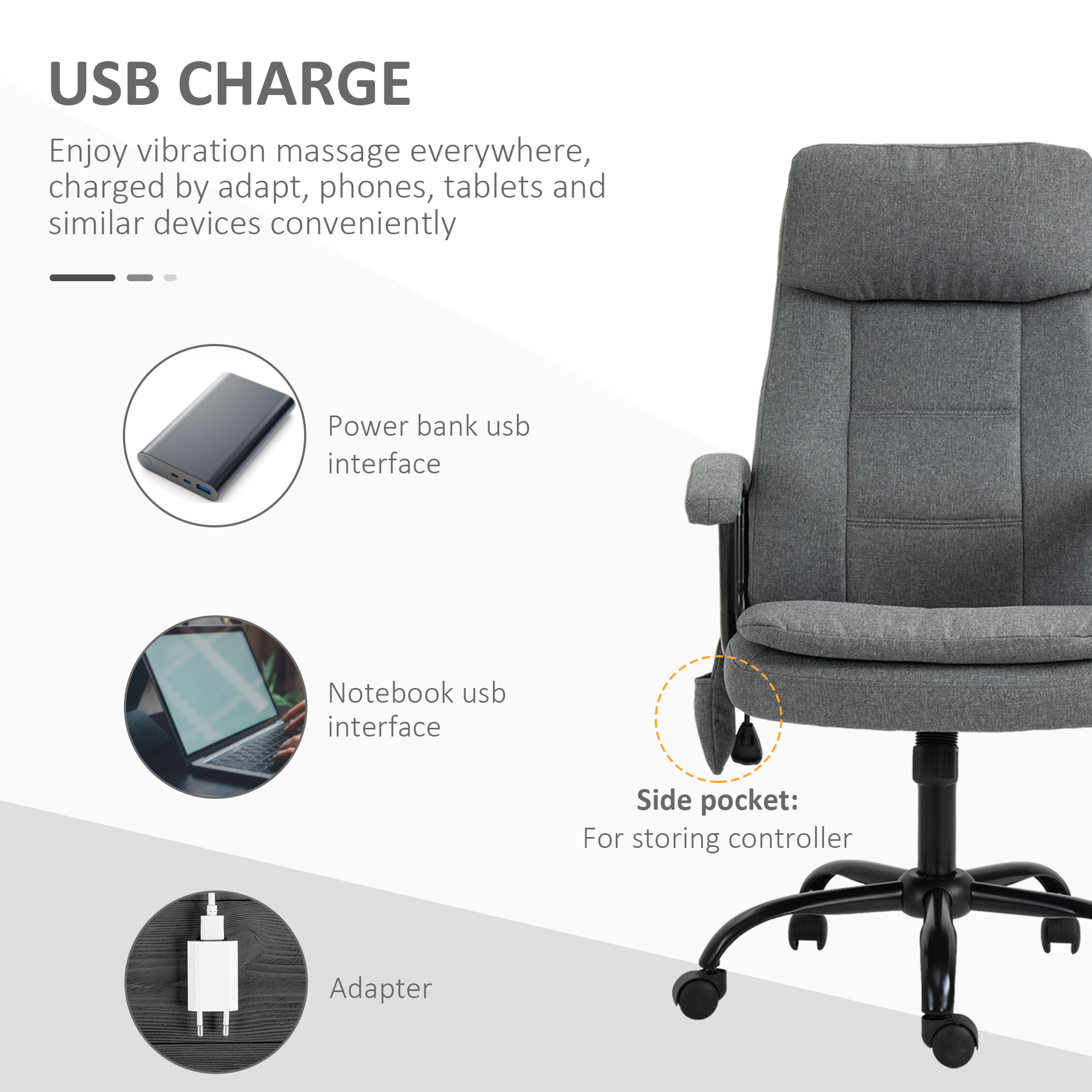 Vinsetto Office Chair, Linen Fabric Desk Chair with 2 Point Massage in Lumbar, Adjustable Height, Rolling Wheels, Grey 4