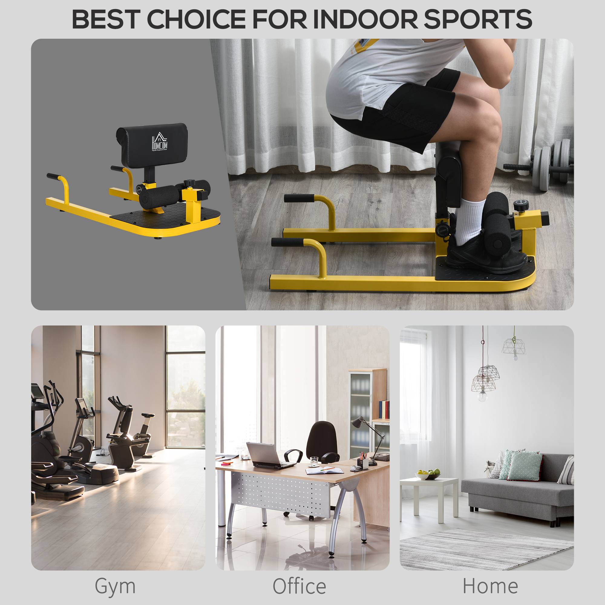 HOMCOM Squat Machine with Push Up Stand, Padded Hip Thrust Bench with Adjustable Cushion for Home Gym Work Out, Yellow 5