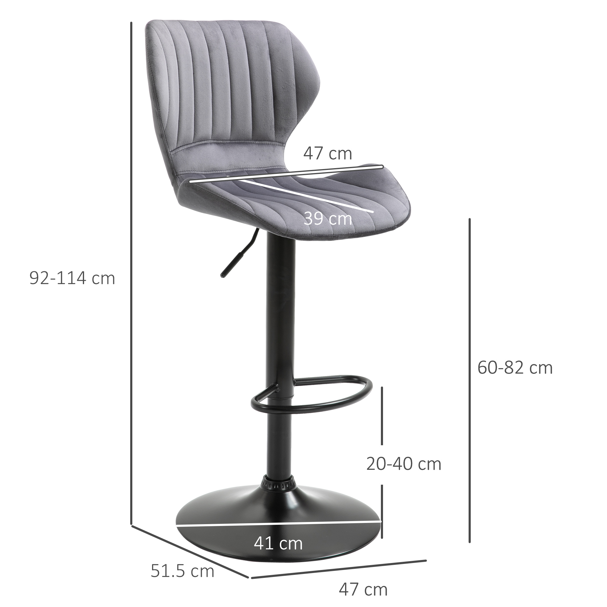 HOMCOM Bar Stool Set of 2 Velvet-Touch Fabric Adjustable Height Swivel Counter Chairs with Footrest, Grey 3