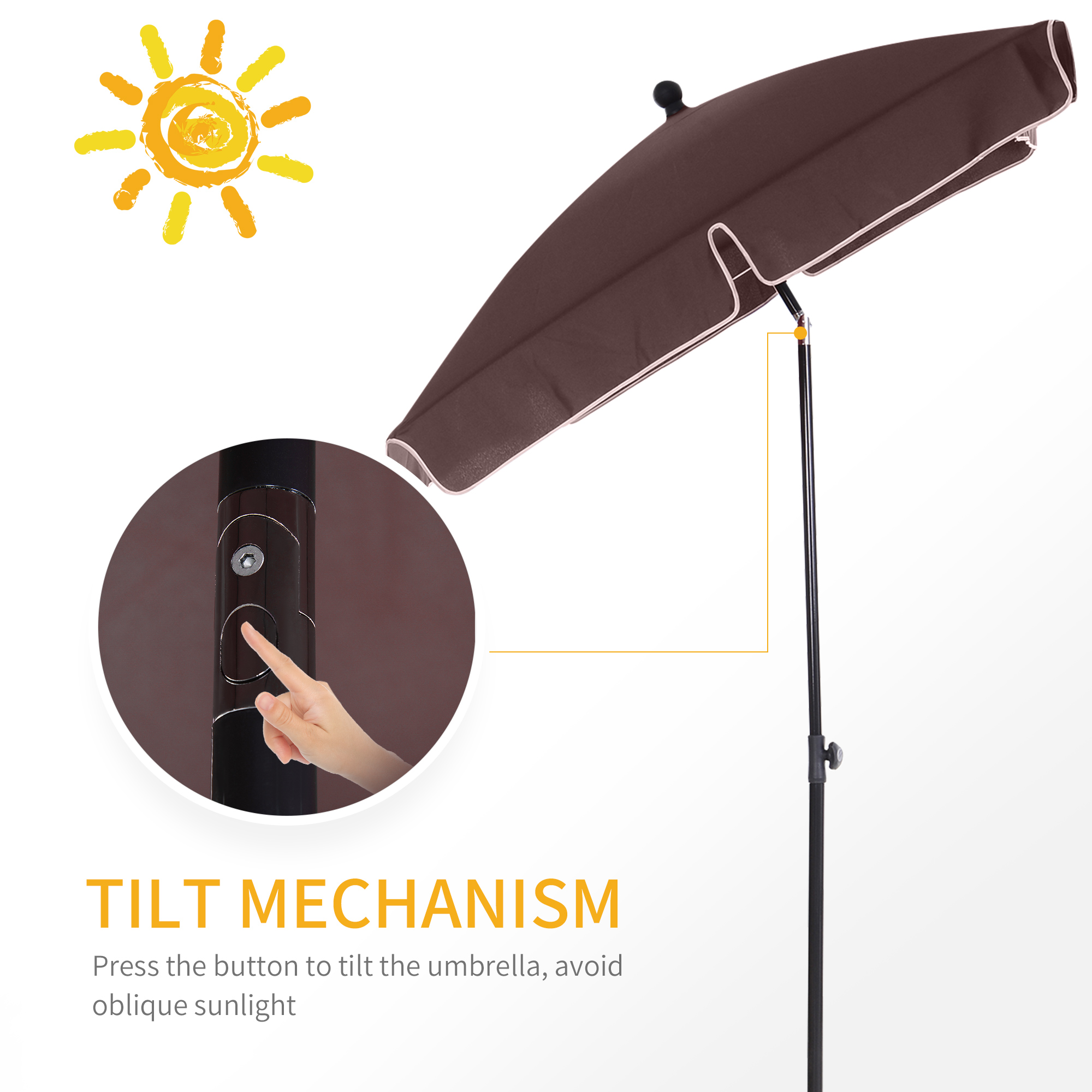 Outsunny Garden Parasol Umbrella, Outdoor Market Table Umbrella with Ruffles & Aluminium Pole, Rectangular Tilting Parasol Sun Shade Canopy, 2 x 1.3m, Brown 4
