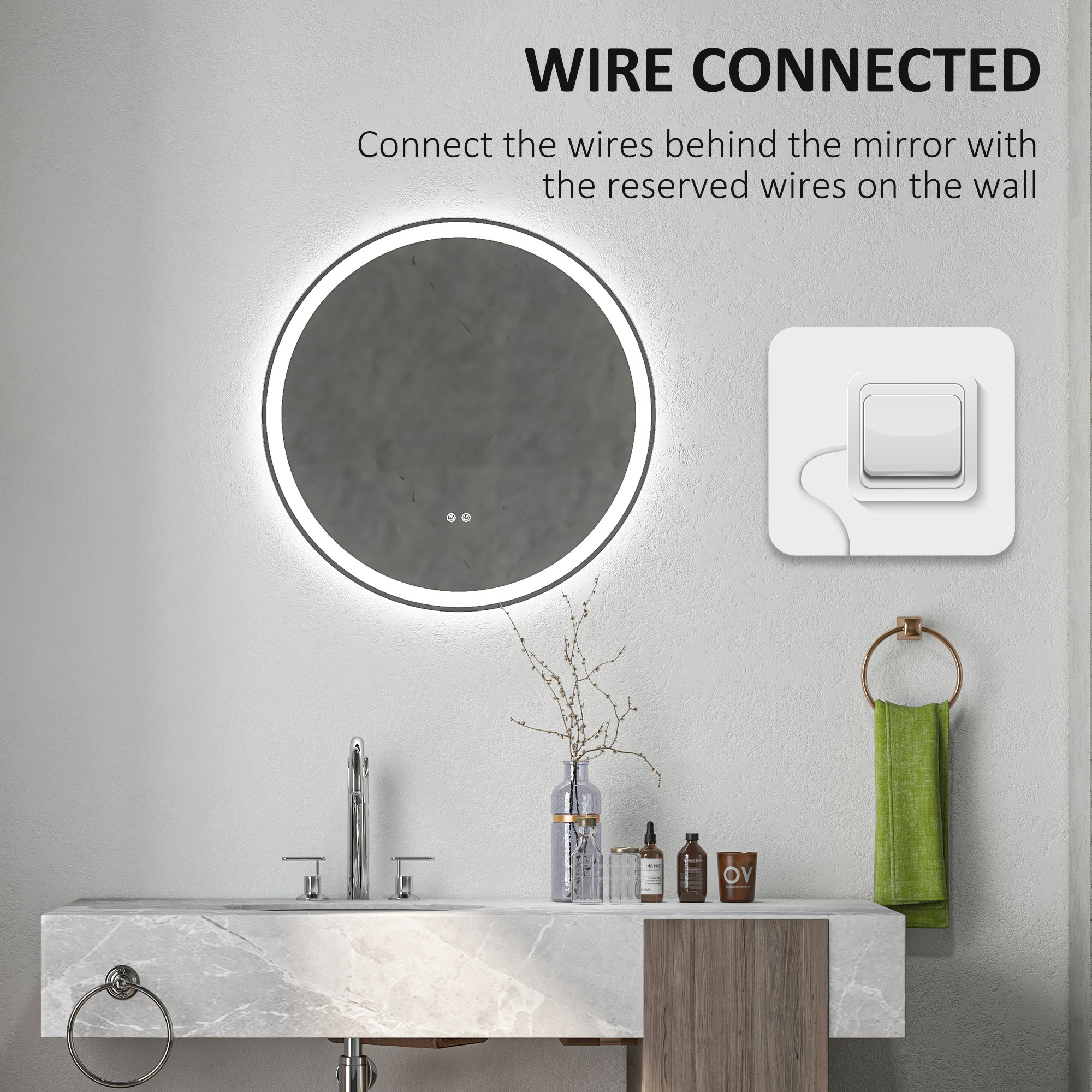 kleankin Round Bathroom Mirror with LED Lights, Wall Mount Dimmable Makeup Mirror with 3 Temperature Colours, Defogging Film and Memory Function, Frameless, Hardwired, 70 x 70 cm 8
