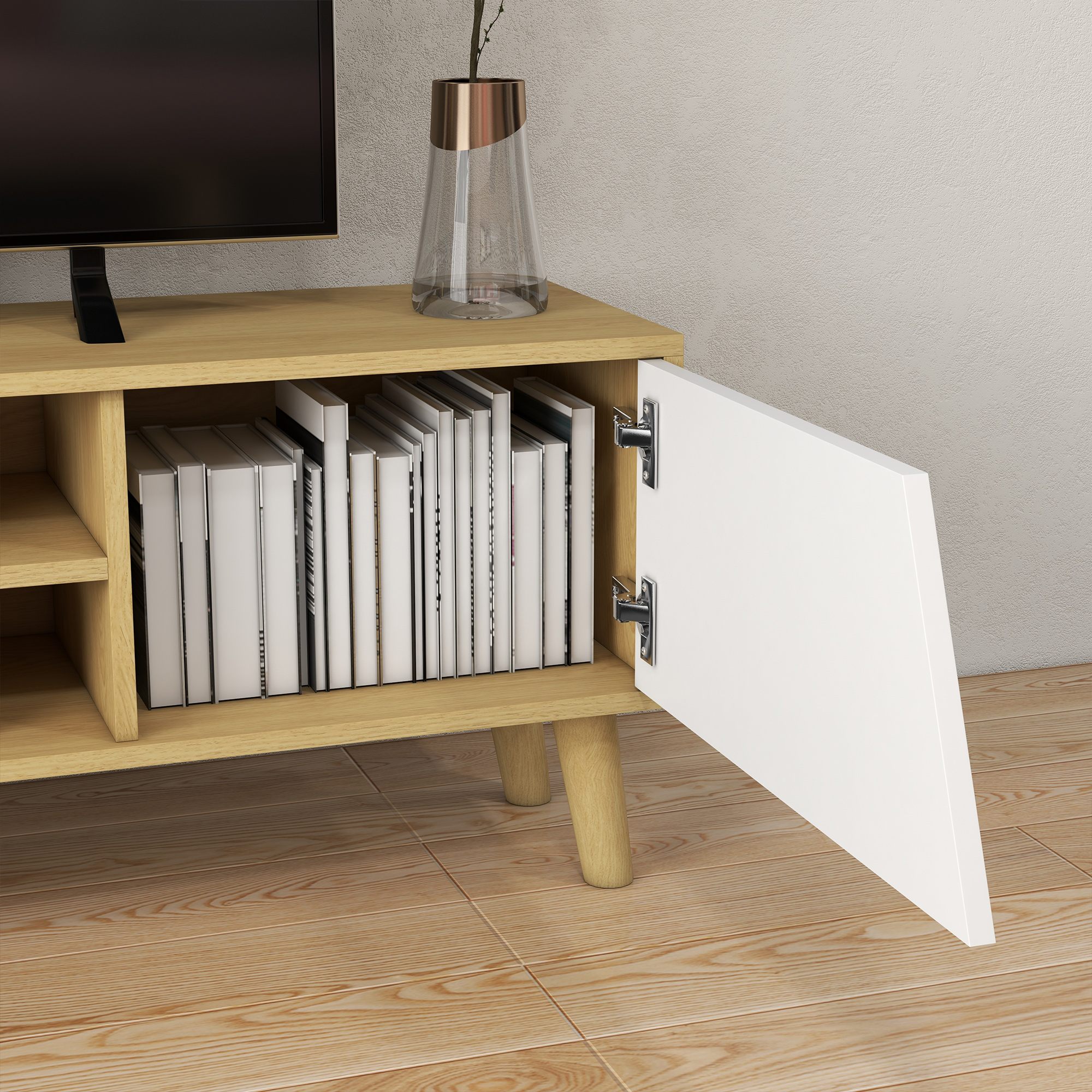 HOMCOM Scandinavian-Style TV Cabinet, with Storage Wood-Effect/White 7