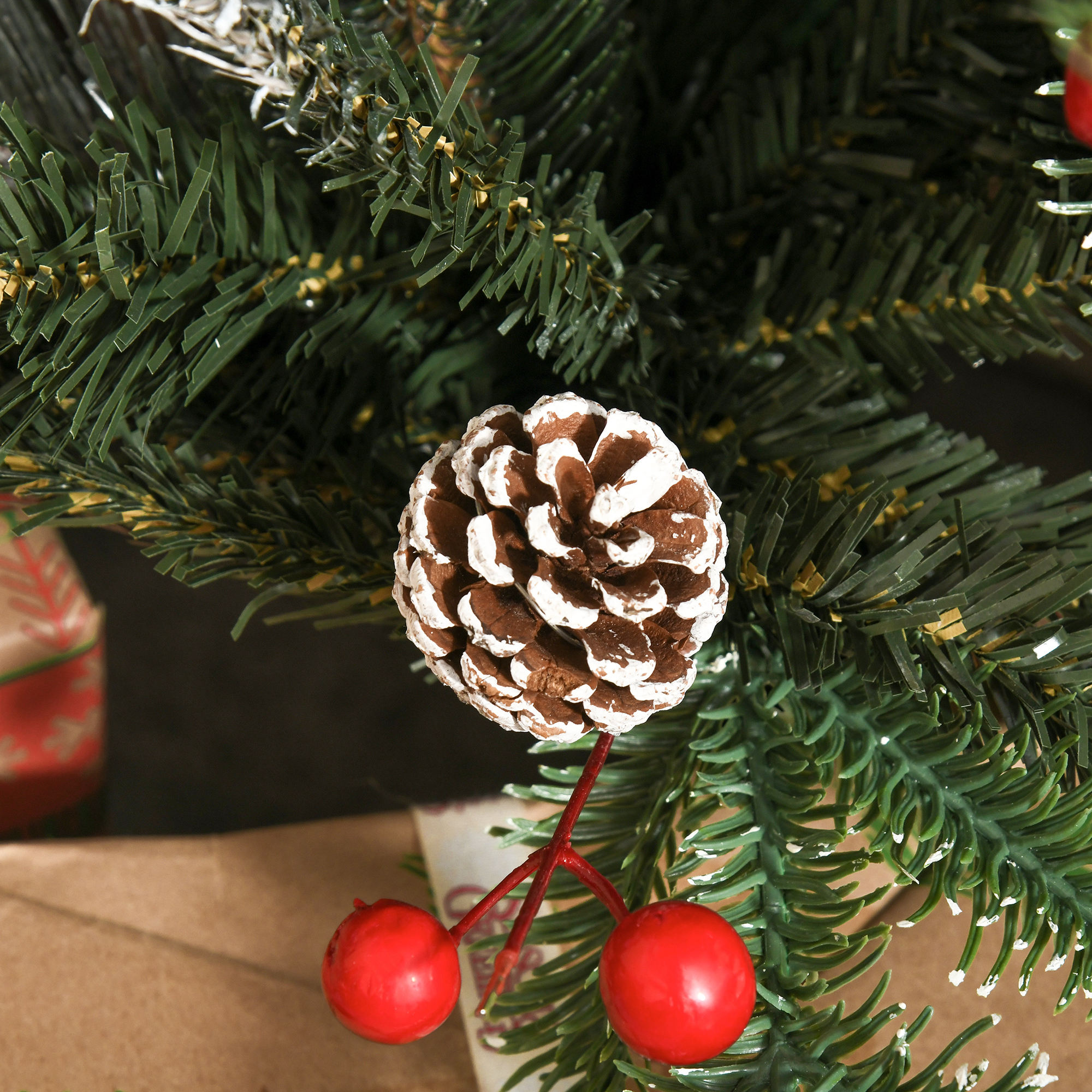 HOMCOM 4FT Artificial Snow Dipped Christmas Tree Xmas Pencil Tree Holiday Home Party Decoration with Foldable Feet Red Berries White Pinecones, Green 8