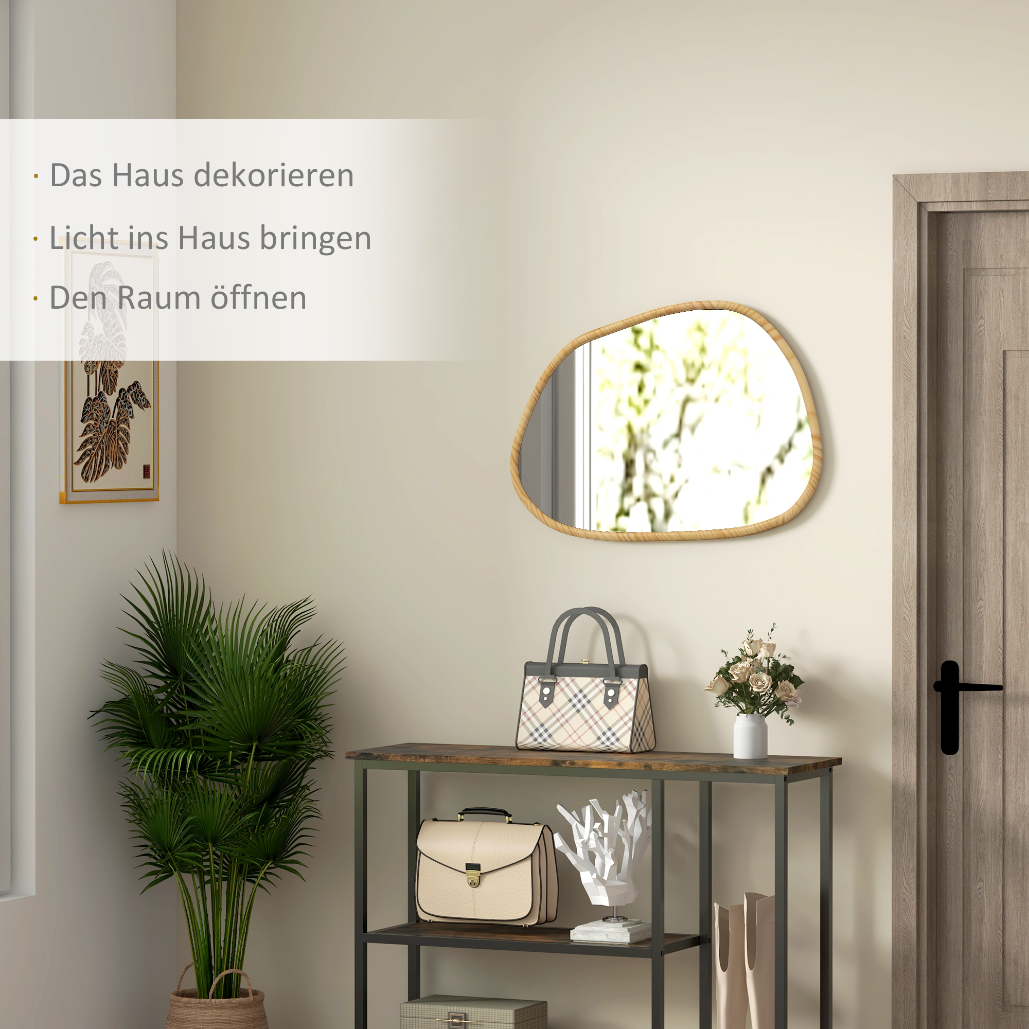 Seinapeegel, dekoratiivne peegel, vintage-disain, 80 cm x 2,1 cm x 60 cm, täispuit, naturaalne