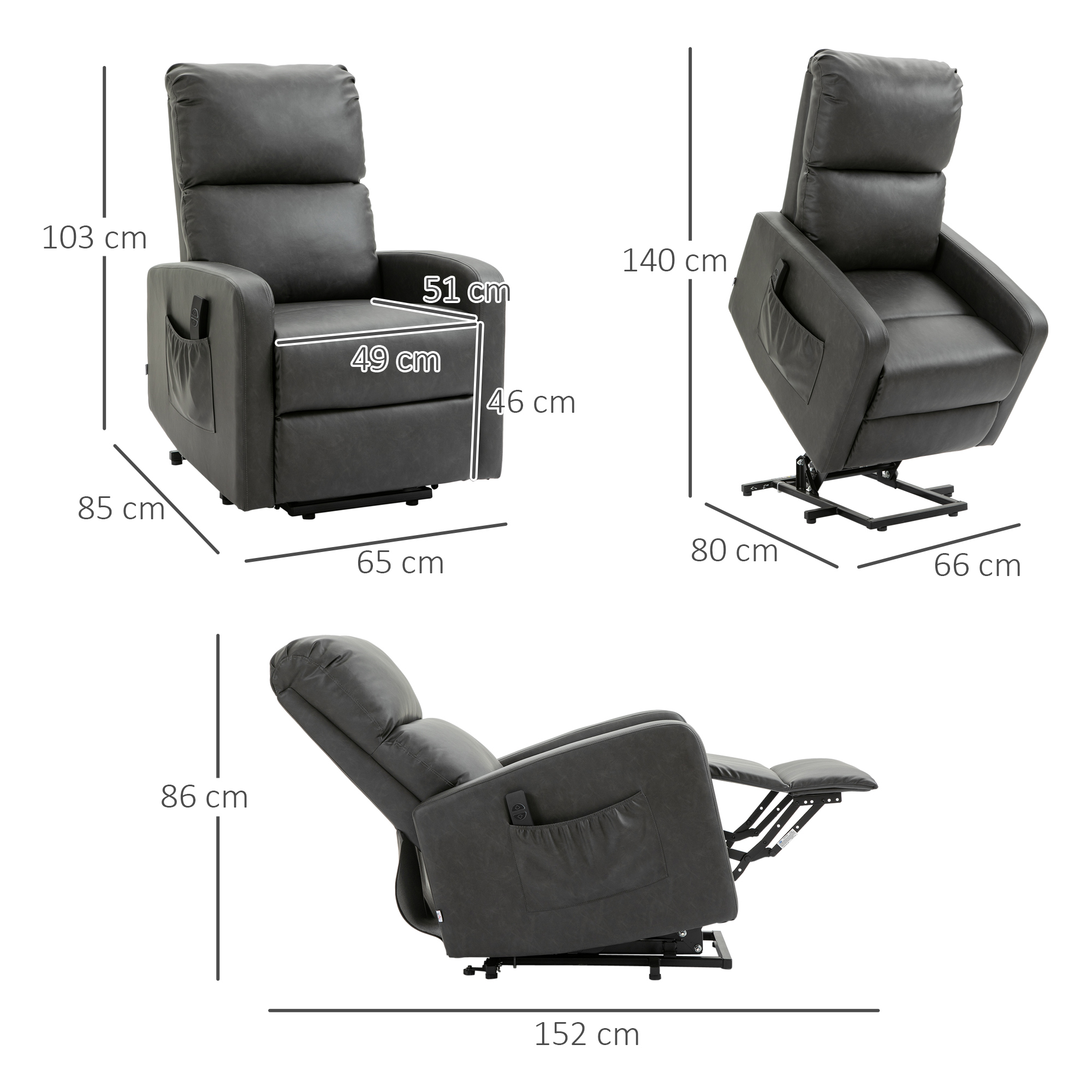HOMCOM Riser and Recliner Chair for the Elderly, PU Leather Upholstered Lift Chair for Living Room with Remote Control, Side Pockets, Charcoal Grey 3