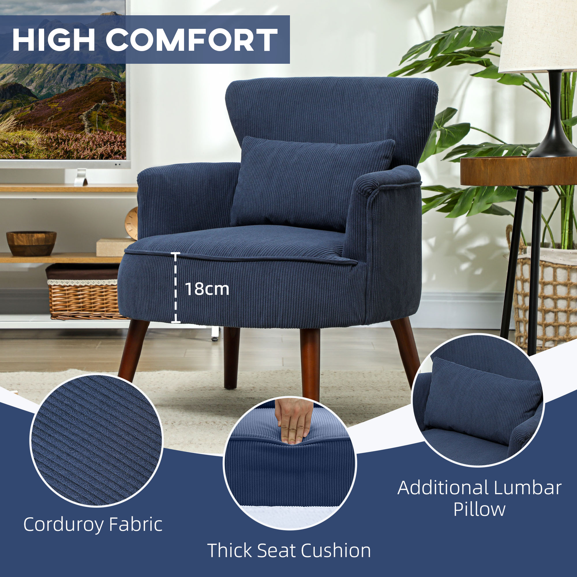 HOMCOM Corduroy Retro Accent Chair Blue 5