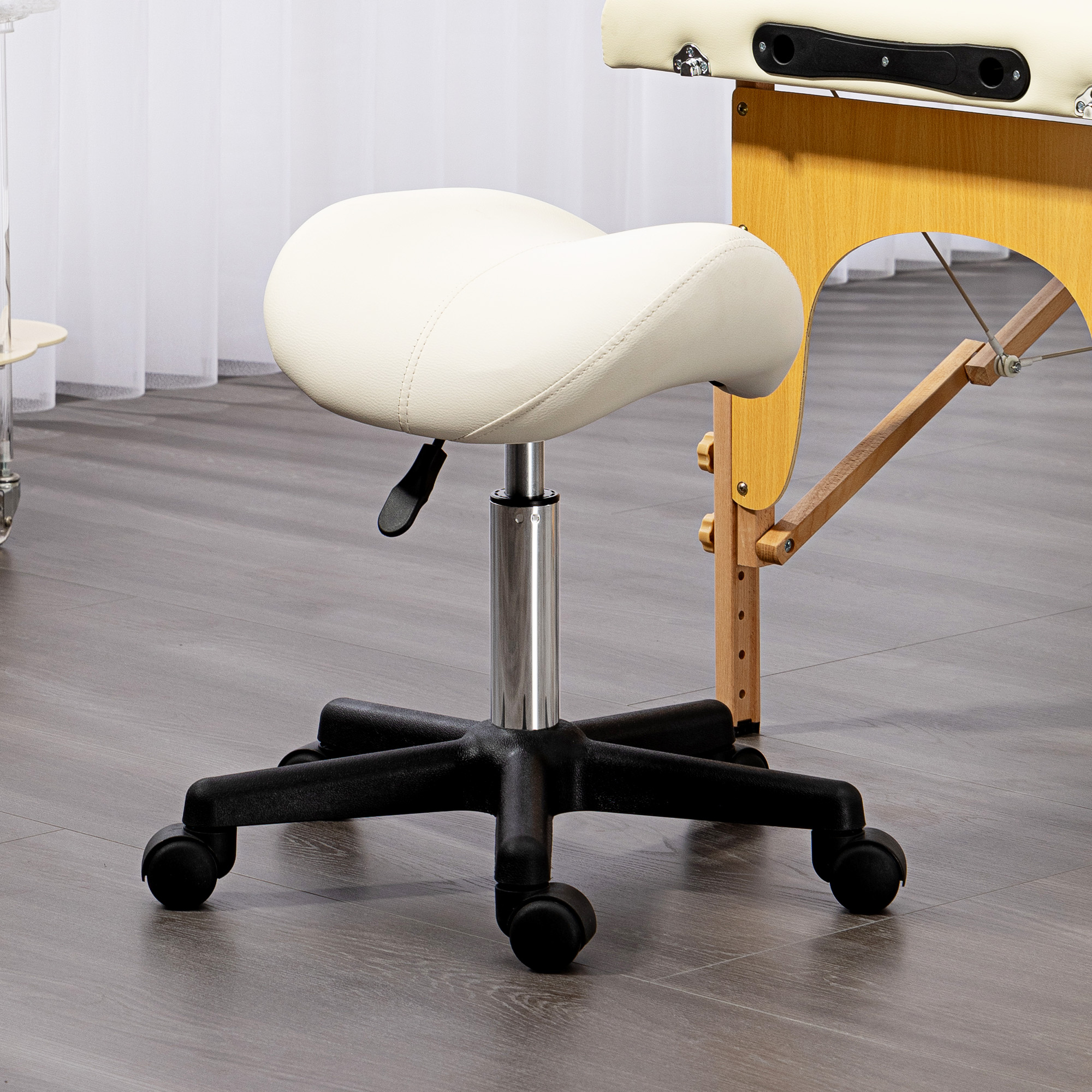 HOMCOM Saddle Stool, PU Leather Adjustable Rolling Salon Chair with Steel Frame for Massage, Spa, Beauty and Tattoo, White 2