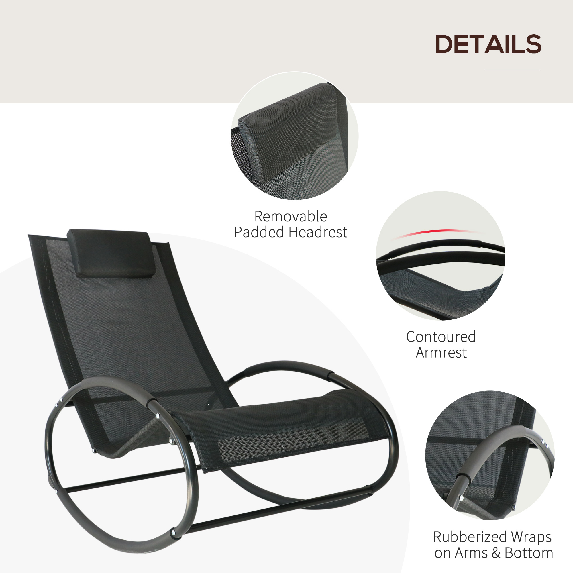 Outsunny Rocking Chair Sun Lounger Recliner Rocker Texteline Fabric Patio Garden Relaxer with Pillow, Black 5