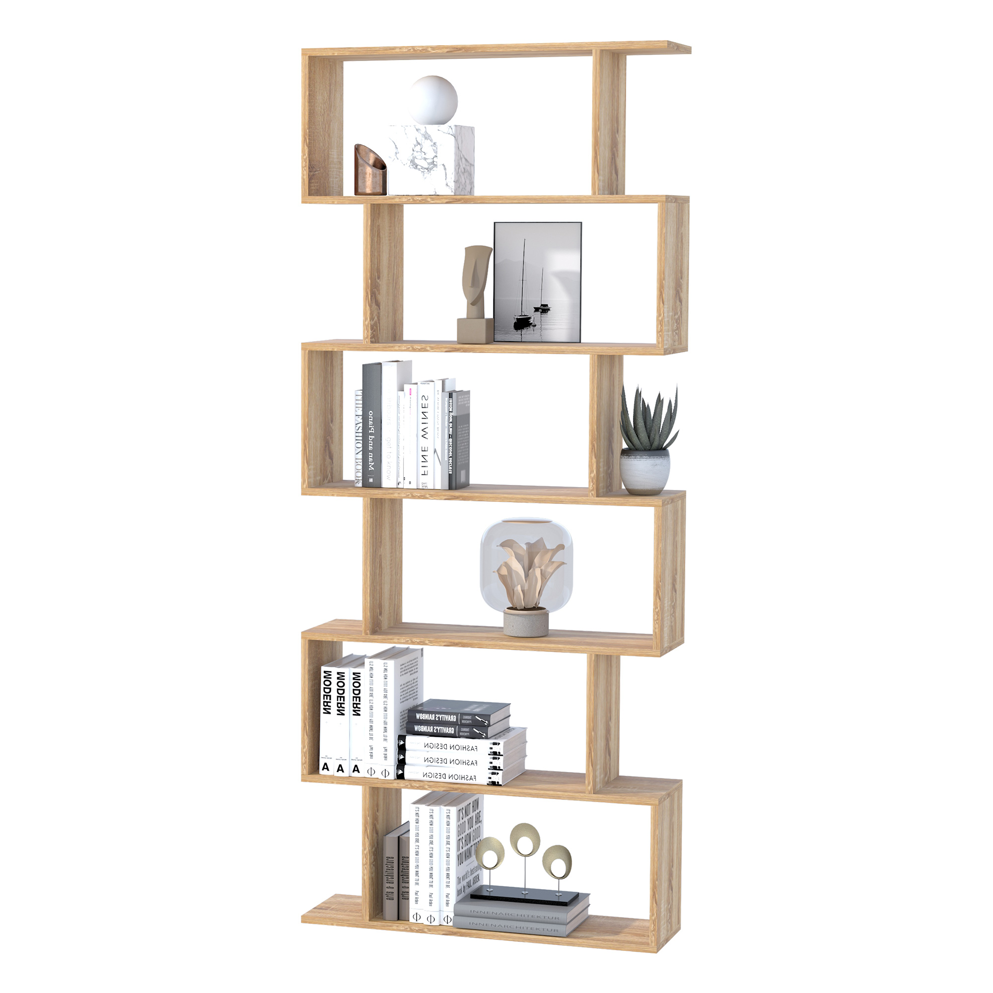HOMCOM Bookcase, 6 Tier Shelf S Shaped Bookshelf, Storage Unit, Display Shelf for Living Room, Bedroom, Home Office, Plant, Oak 7