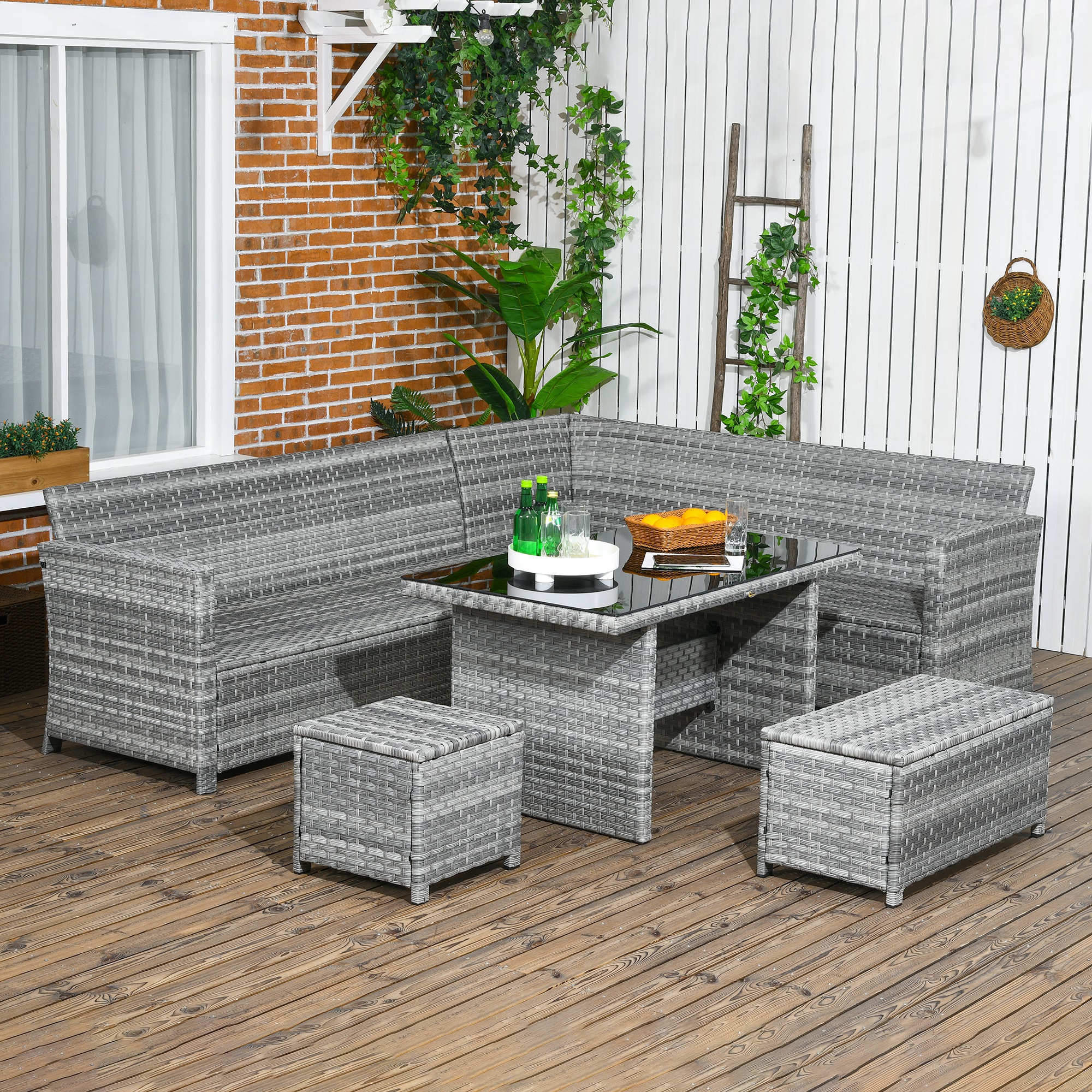 Outsunny 5-Piece Rattan Patio Furniture Set with Corner Sofa, Footstools, Glass Coffee Table, Cushions, Mixed Grey 8