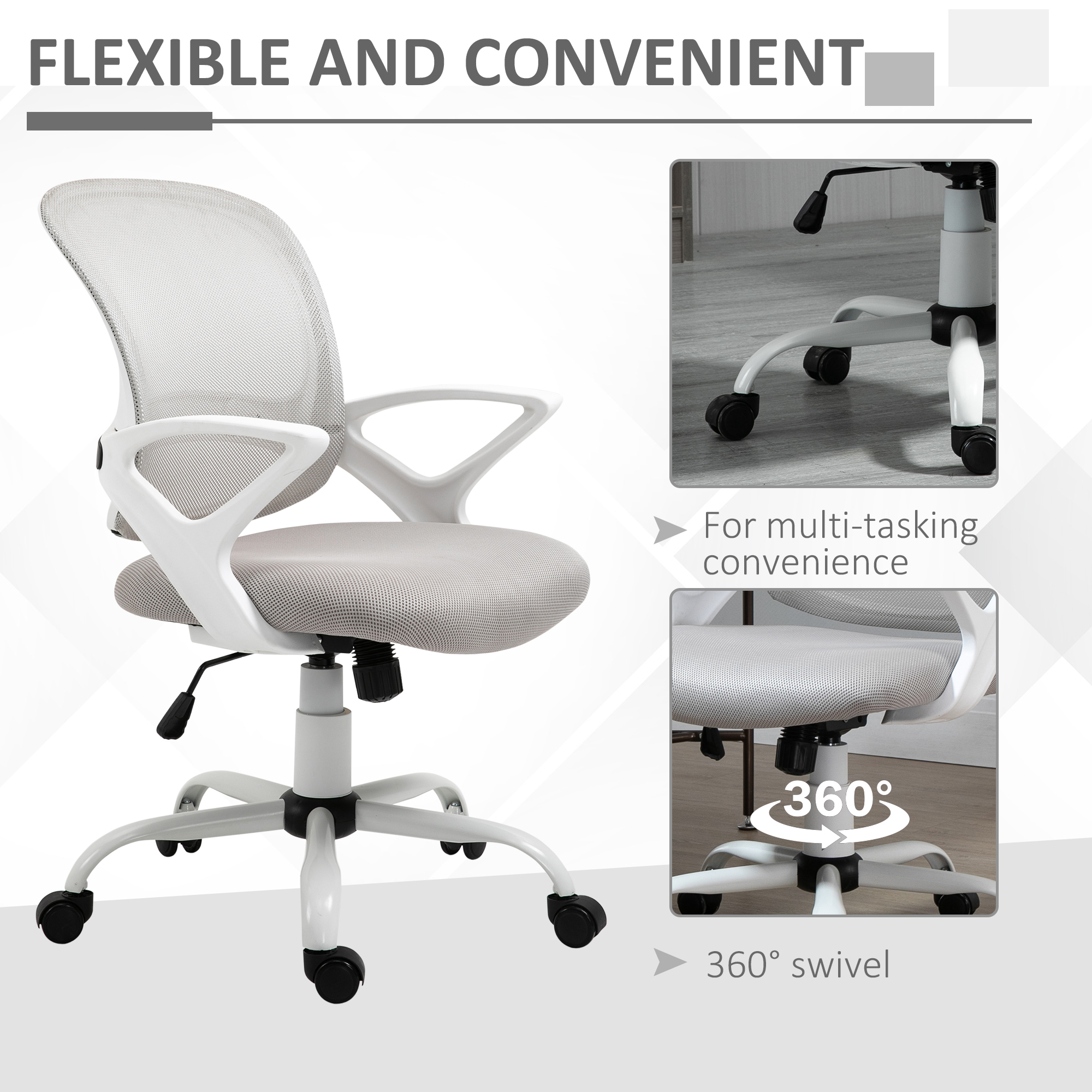 Vinsetto Office Chair Mesh Swivel Desk Chair with Lumbar Back Support Adjustable Height Armrests Grey 7