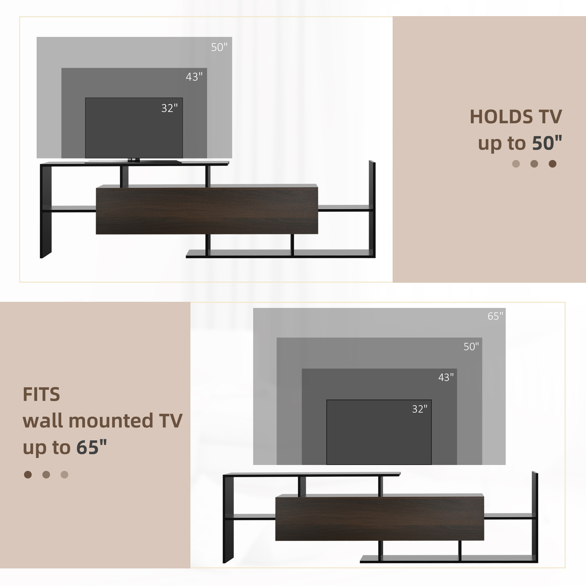 HOMCOM TV Cabinet with Wall Shelf for Wall-Mounted 65" TVs or Standing 40" TVs Black and Dark Brown 7