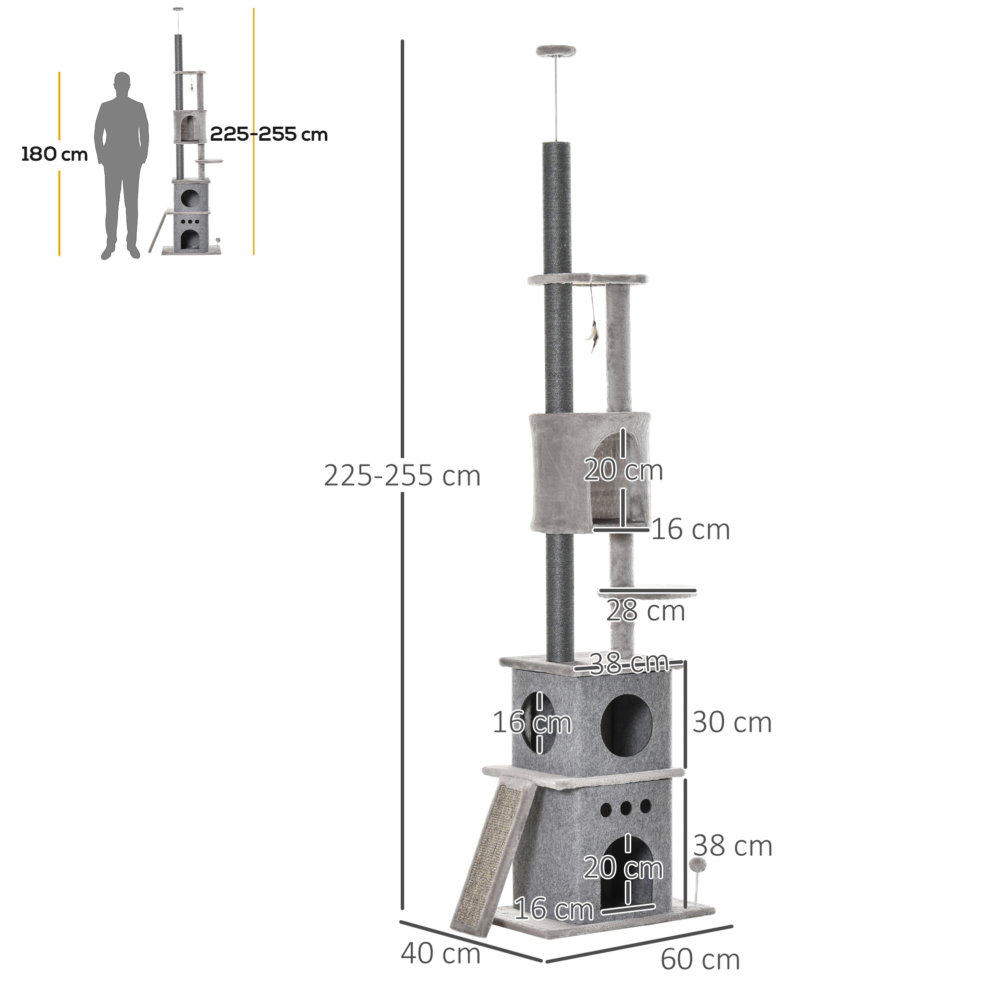 PawHut 255cm Floor To Ceiling Cat Tree for Indoor Cats Climber Scratching Post Adjustable Height Play Tower Removable Cover Grey 3