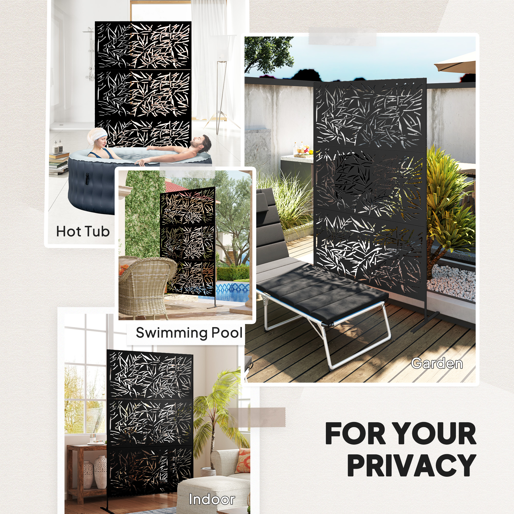 Outsunny Decorative Garden Privacy Screen with Stand, 6.5FT Freestanding Metal Outdoor Divider, Decorative Privacy Panel with Expansion Screws for Garden Pool Hot Tub, Bamboo Style, Black 6