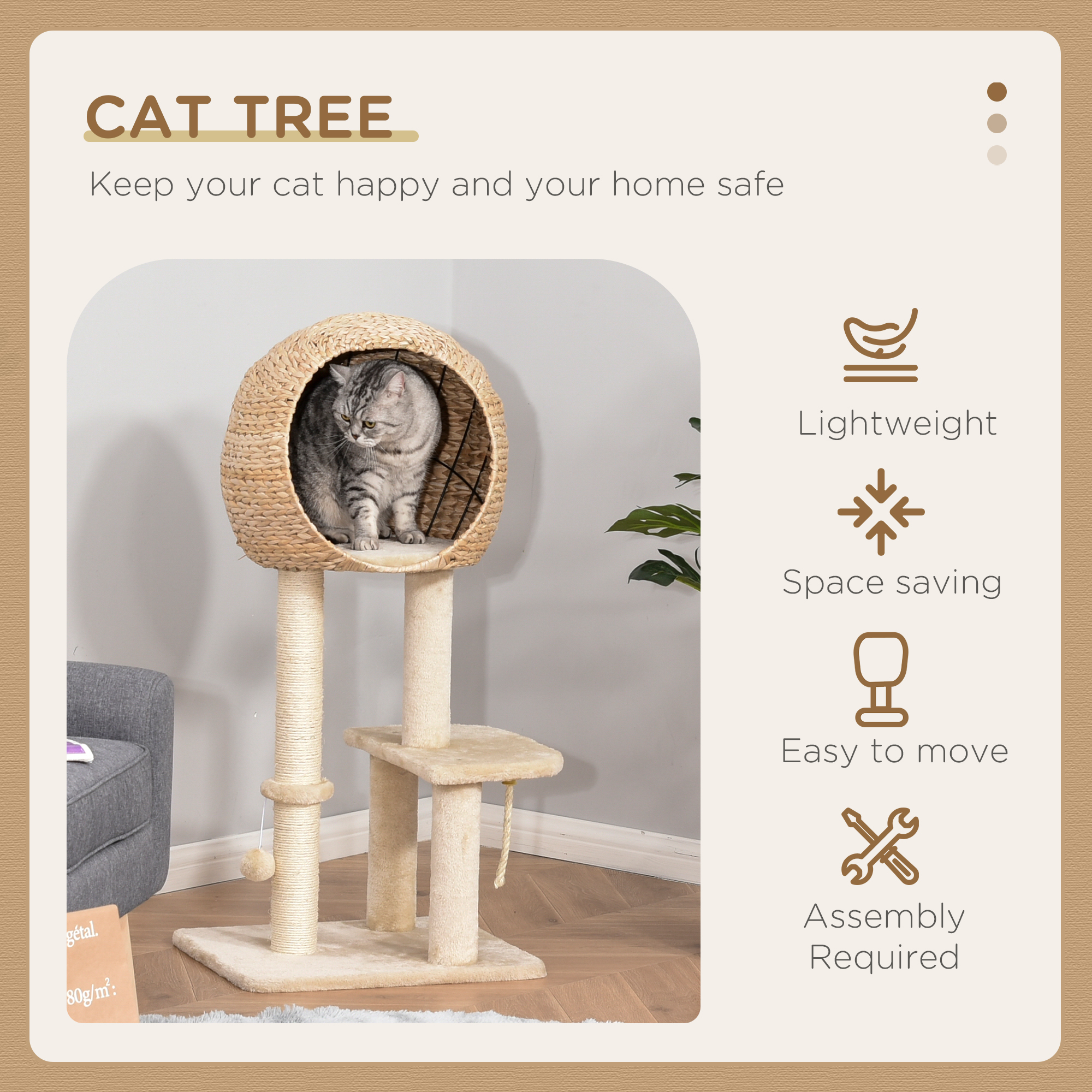 PawHut Cat Tree for Indoor Cats 100cm Kitten Climbing Tower Activity Center with Sisal Scratching Post Condo Perch Hanging Balls Teasing Rope Toy Cushion 4
