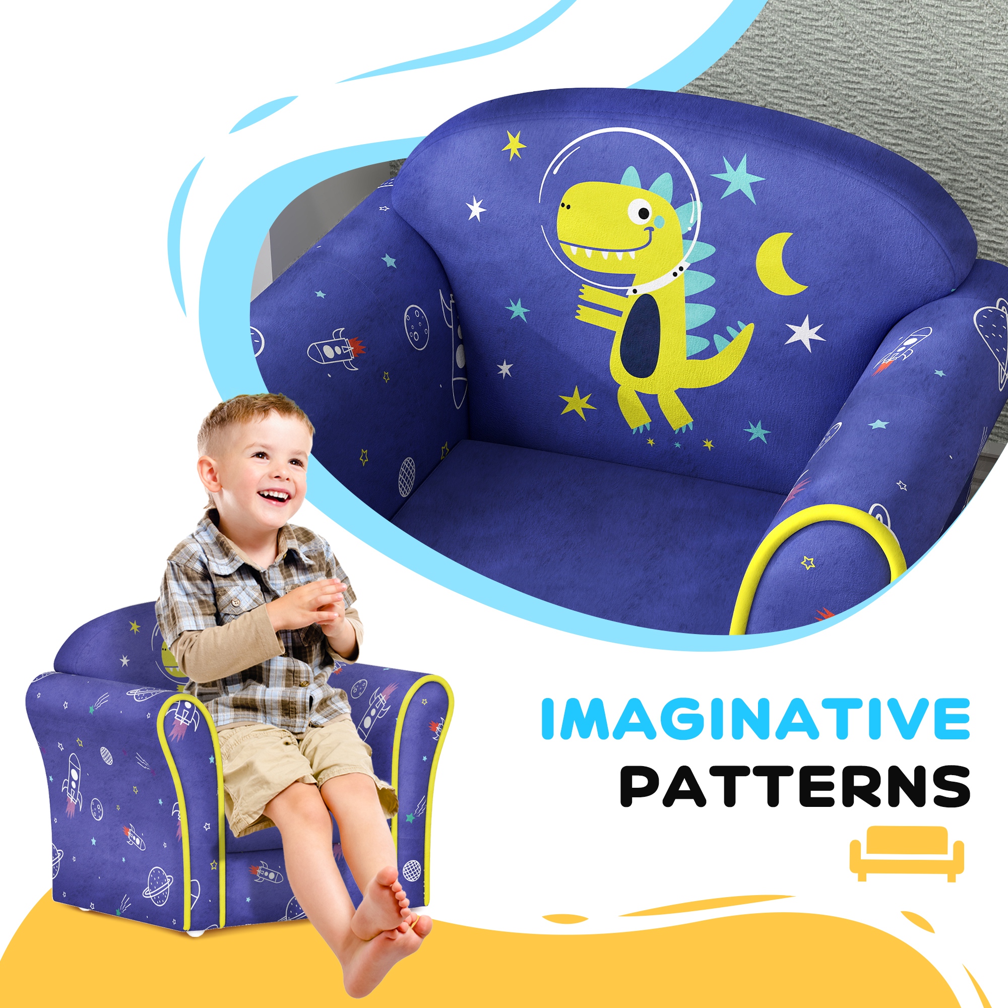 AIYAPLAY Kids Armchair with Planet Dinosaurs Design, Wooden Frame, for Bedroom, Playroom, Kids Room Blue 4
