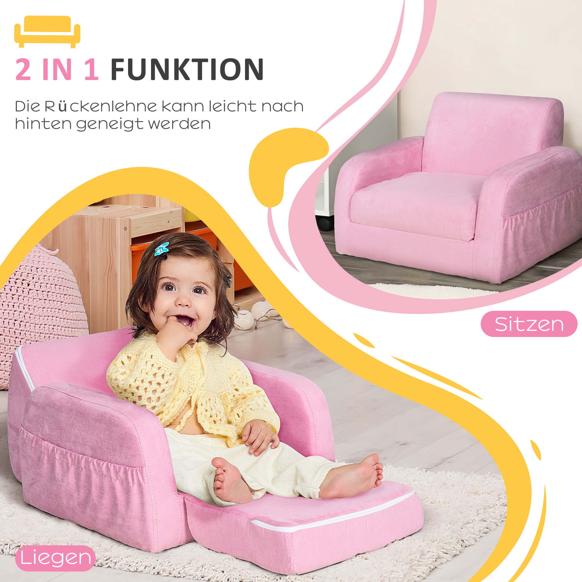 HOMCOM 2-in-1 Kindersessel – Minisofa Mit Liegefunktion, Blau, 47x45x38 Cm, Für Kinder 3–4 Jahre | Ausklappbar, Weicher Flanellbezug, Holzrahmen