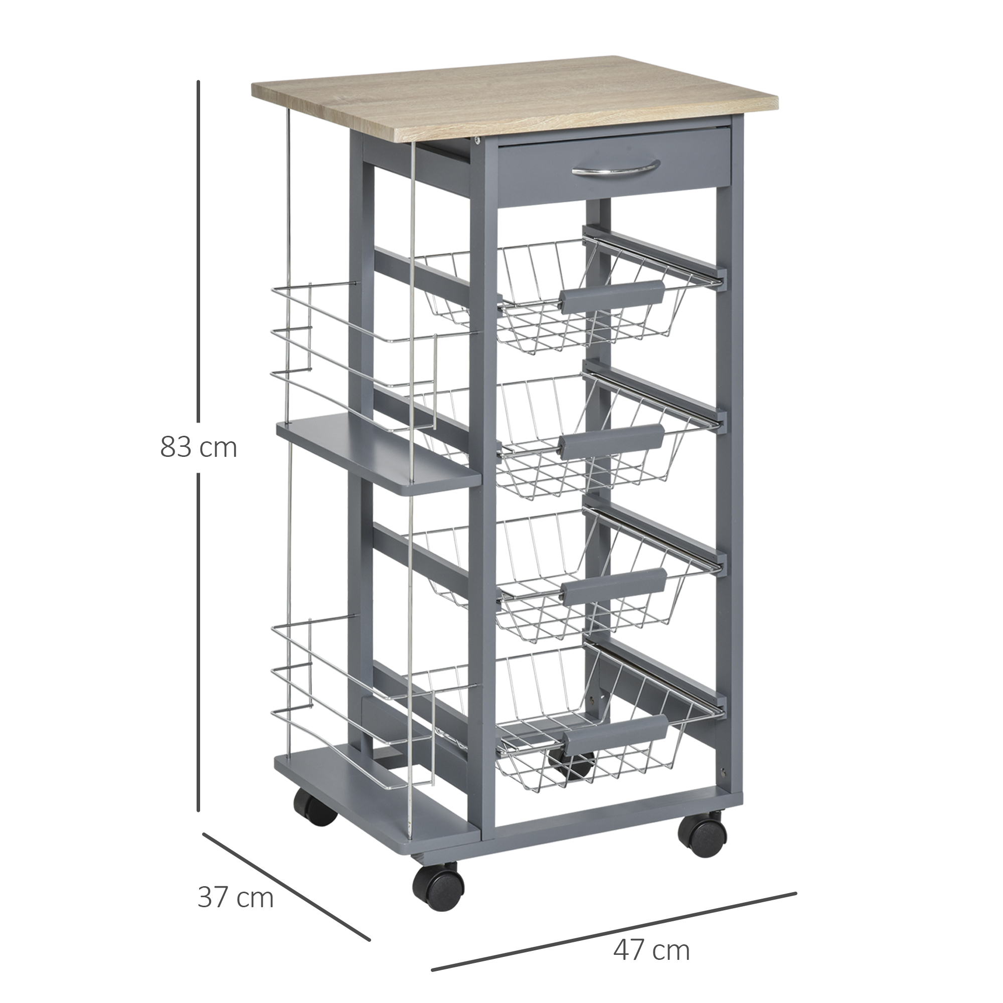 HOMCOM Rolling Kitchen Cart, Utility Storage Cart with 4 Basket Drawers & Side Racks, Wheels for Dining Room, Grey 3